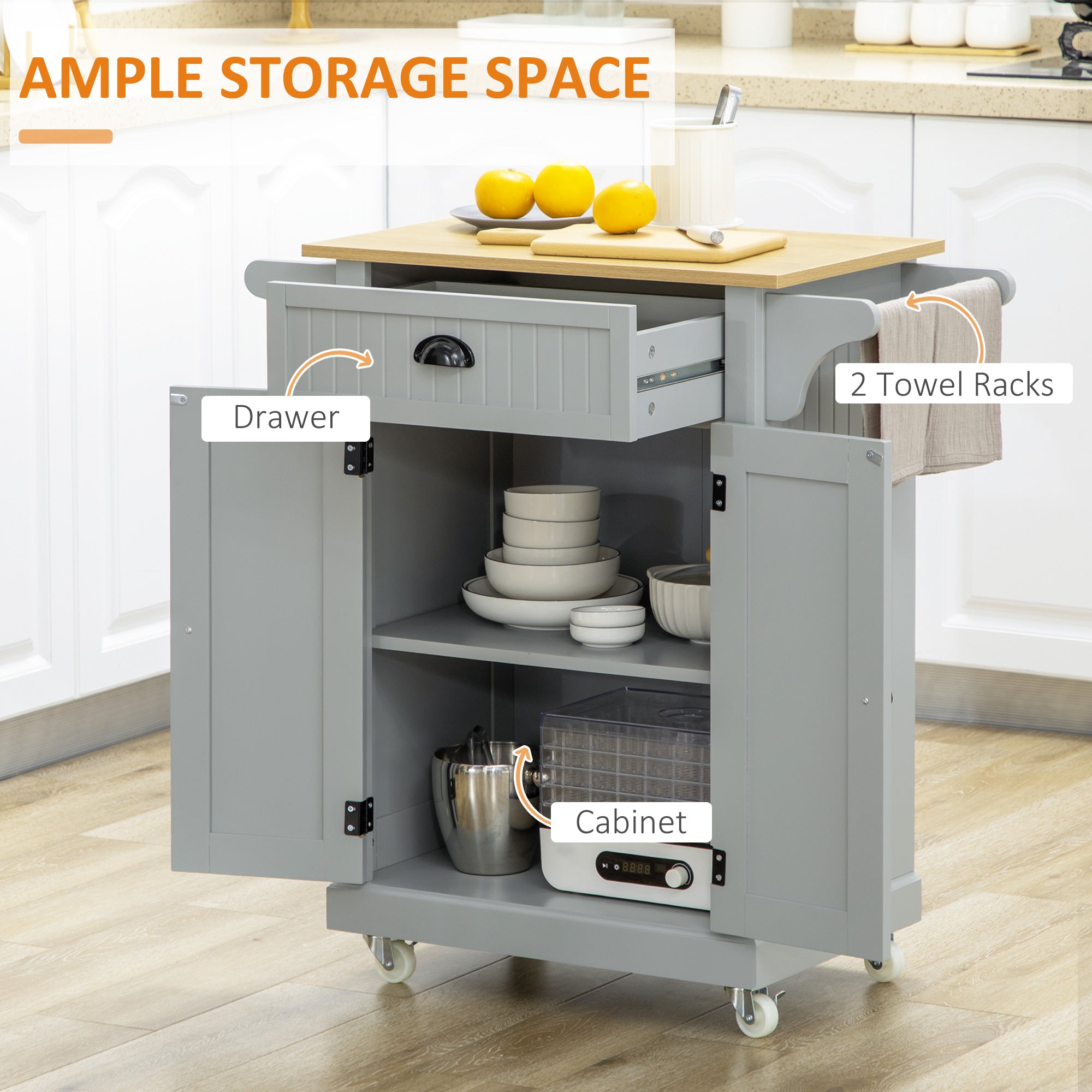 HOMCOM Rolling Kitchen Island with Storage, Kitchen Cart with Drawer, 2 Towel Racks and Cupboard for Dining Room, Grey