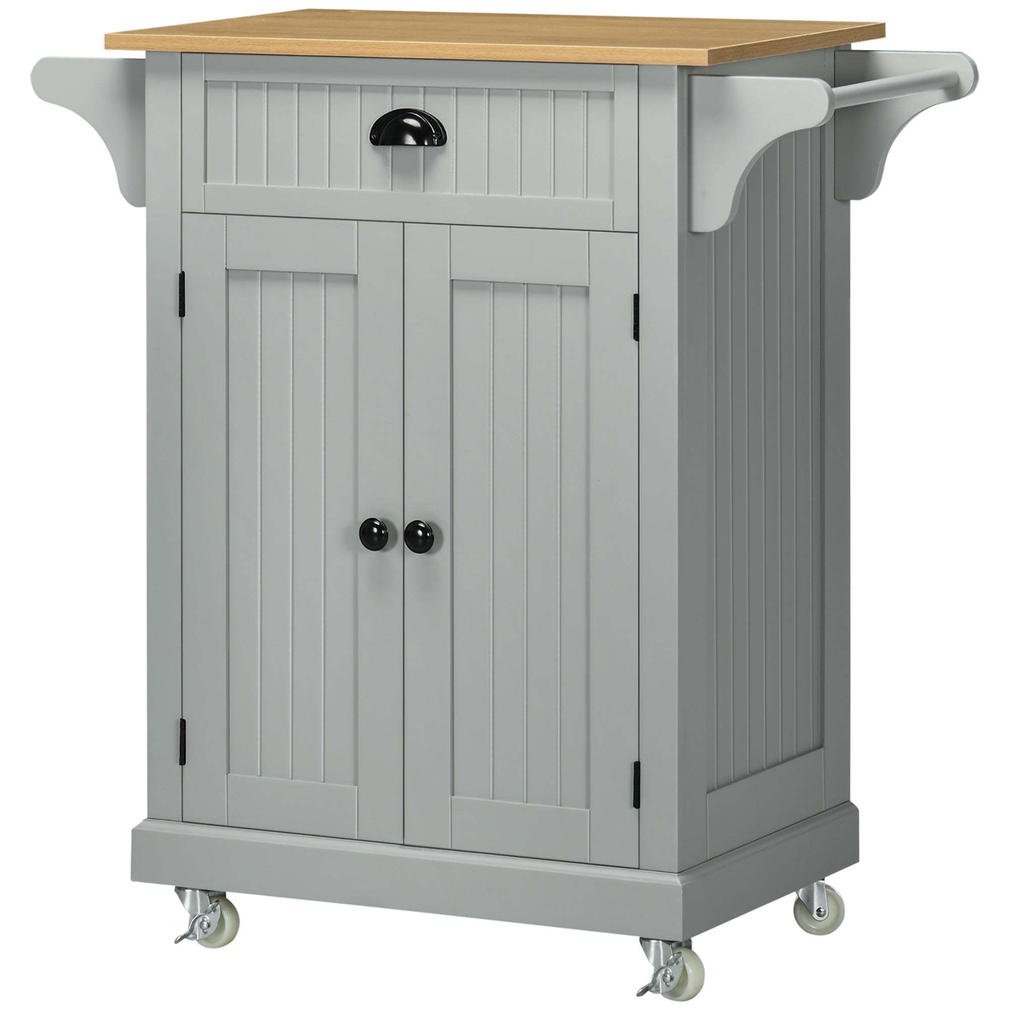 HOMCOM Rolling Kitchen Island with Storage, Kitchen Cart with Drawer, 2 Towel Racks and Cupboard for Dining Room, Grey