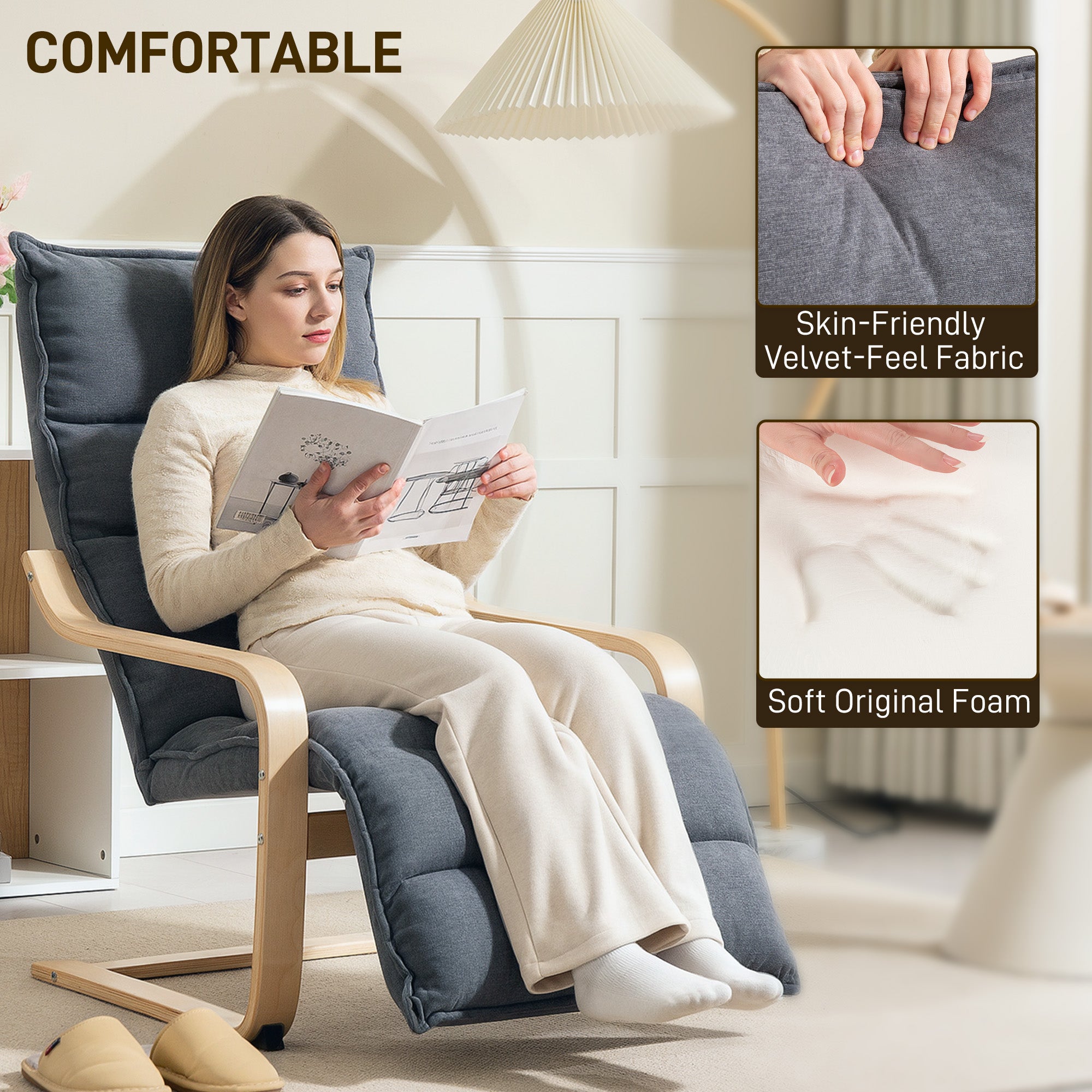 Modern Accent Chair, Velvet Upholstered Living Room Chair with Footrest, Wood Frame, Comfy Armchair for Bedroom, Balcony, Dark Grey
