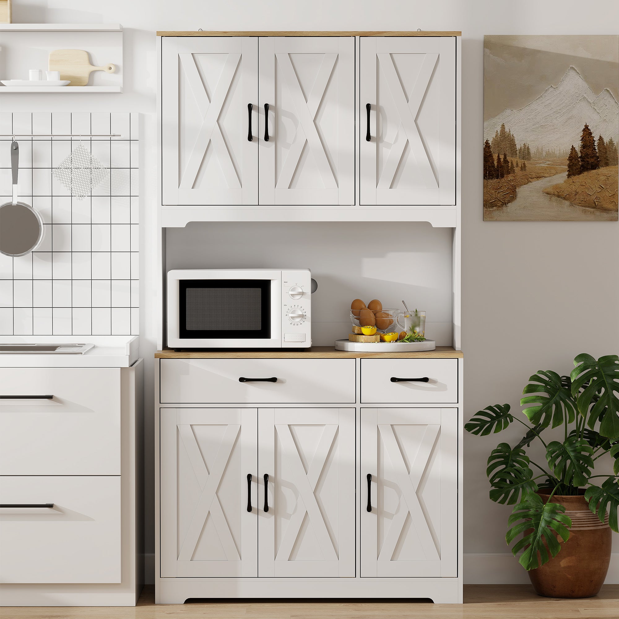 175 cm Tall Kitchen Pantry Cabinet with Microwave Stand, Farmhouse Kitchen Hutch, Freestanding Pantry Cupboard with 2 Drawers, 2 Adjustable Shelves and Cable Management, White