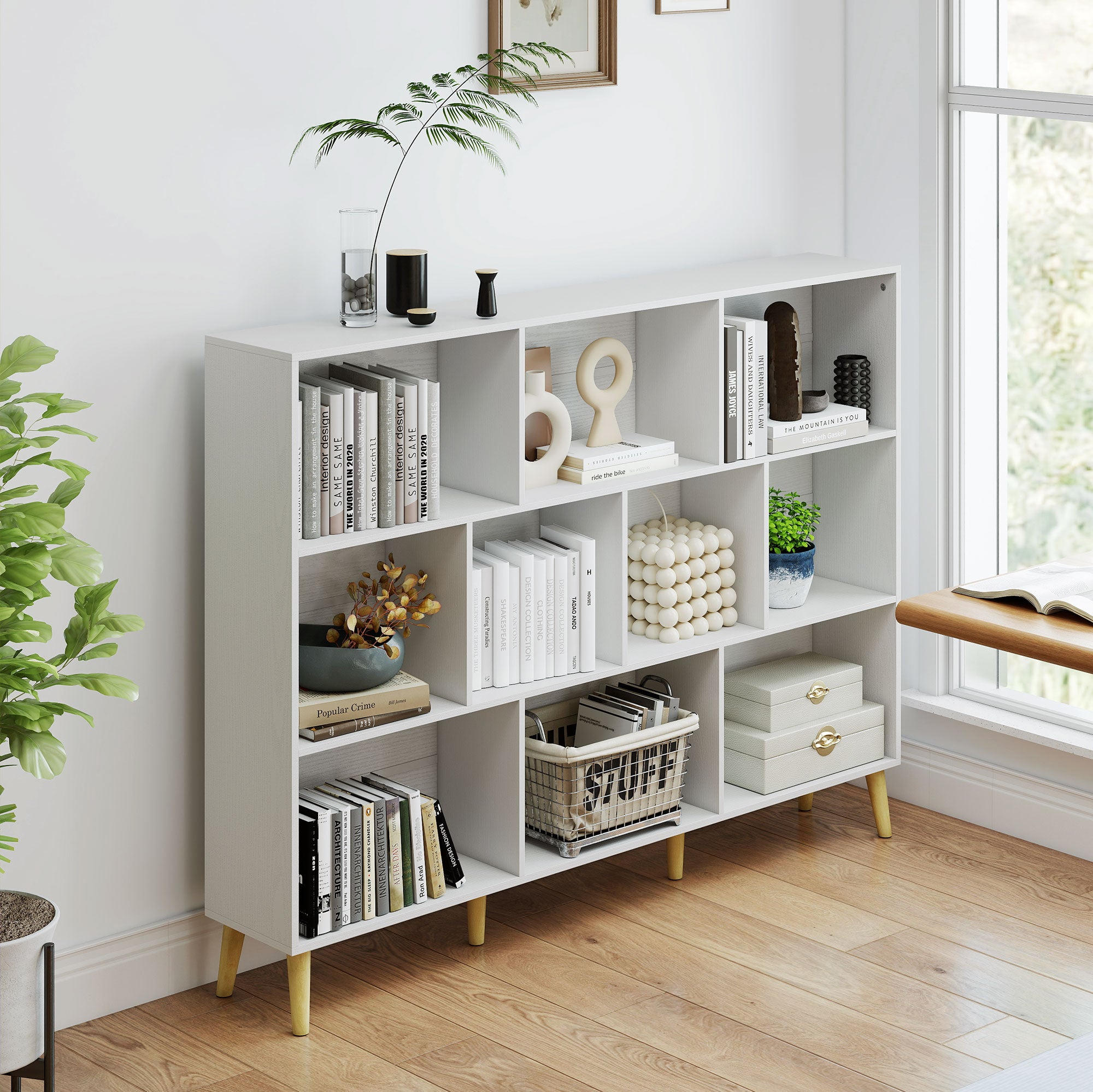 10-Cube Bookshelf, 3-Tier Bookcase with Solid Wood Legs, 140 cm Modern Freestanding Book Shelf with Anti-Tip Kit for Bedroom Living Room Study Office, White Wood Effect