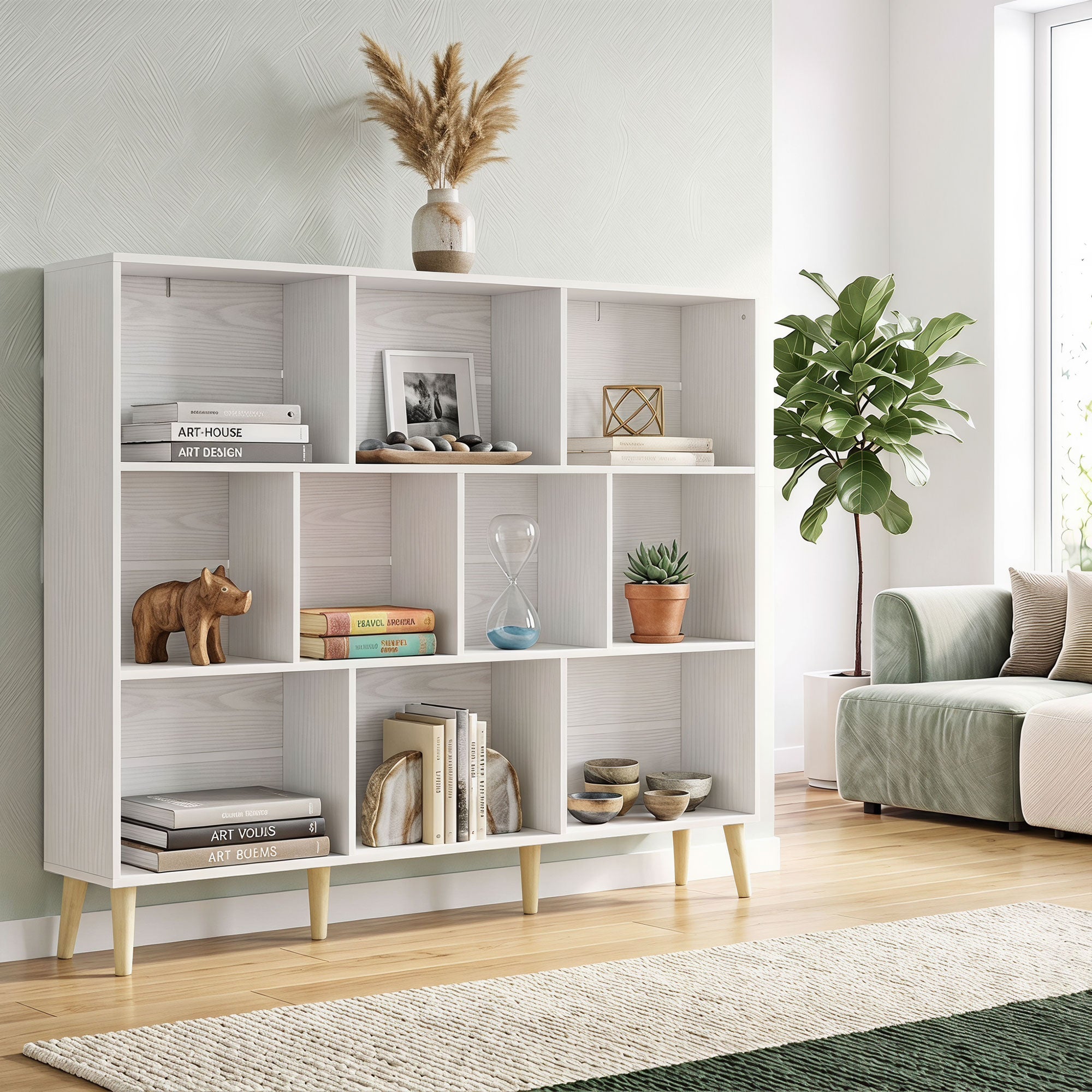 10-Cube Bookshelf, 3-Tier Bookcase with Solid Wood Legs, 140 cm Modern Freestanding Book Shelf with Anti-Tip Kit for Bedroom Living Room Study Office, White Wood Effect