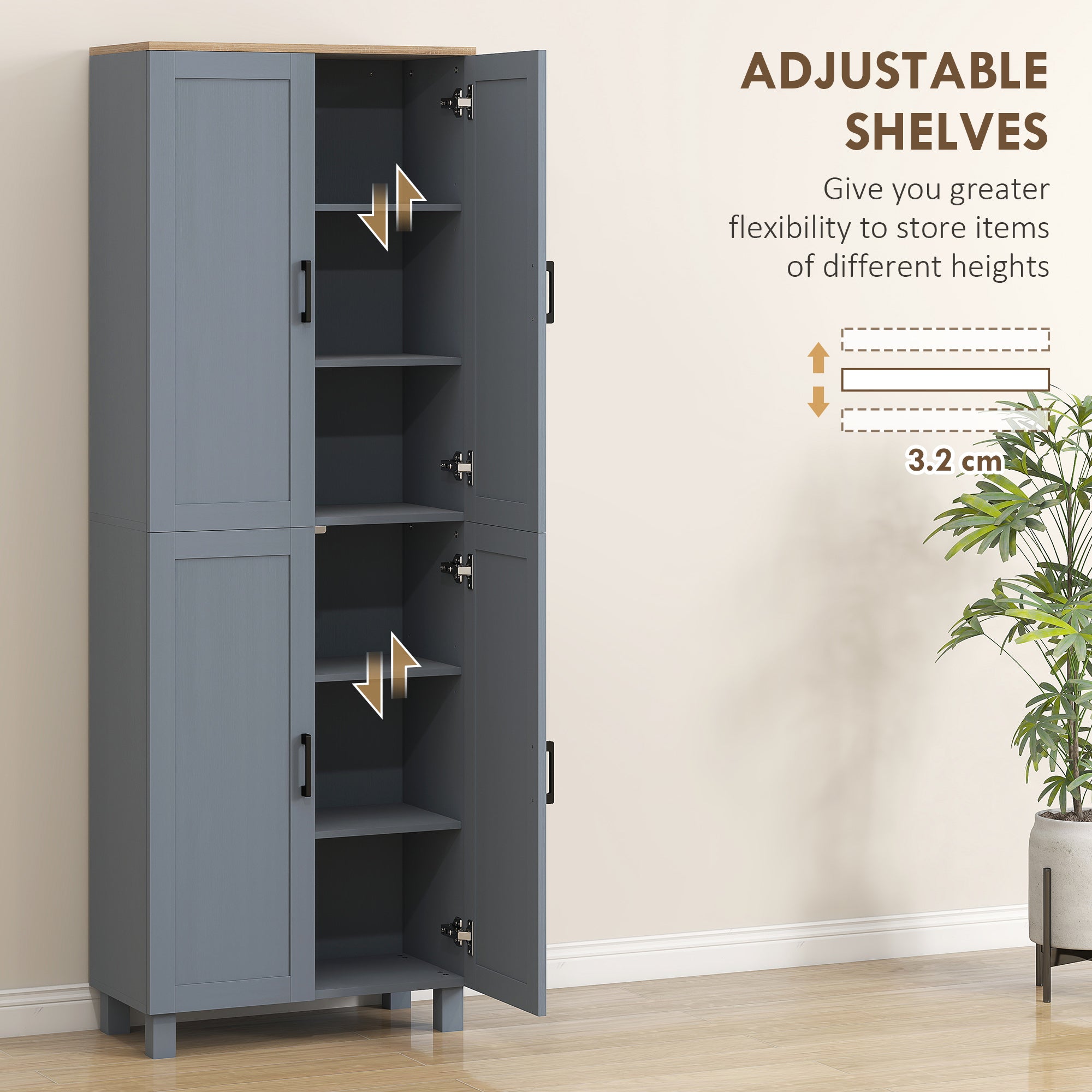Freestanding Kitchen Cupboard, 4-Door Storage Cabinet with Adjustable Shelves, Modern Kitchen Pantry for Dining Room, 170cm, Grey Wood Effect