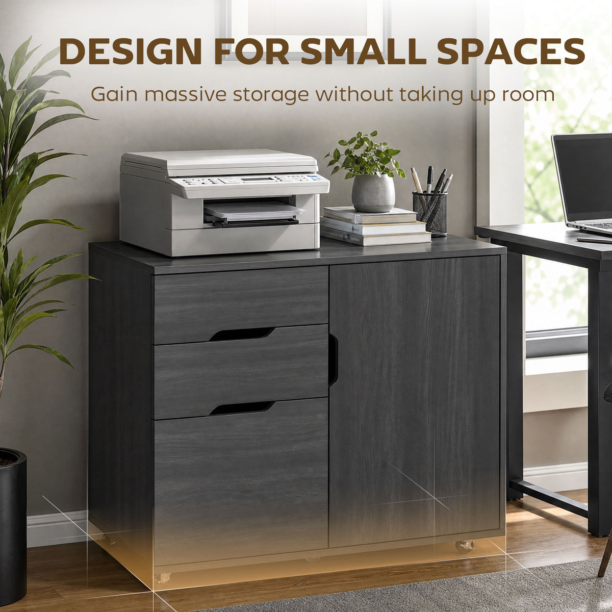 Lateral File Cabinet with Cabinet, Home Office Printer Stand, 3-Drawer Mobile Filing Cabinet, Lockable Wheels, Adjustable Shelf, for A4, Letter-Size Files, Black Wood Grain