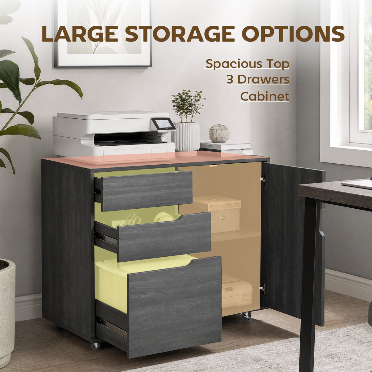 Lateral File Cabinet with Cabinet, Home Office Printer Stand, 3-Drawer Mobile Filing Cabinet, Lockable Wheels, Adjustable Shelf, for A4, Letter-Size Files, Black Wood Grain