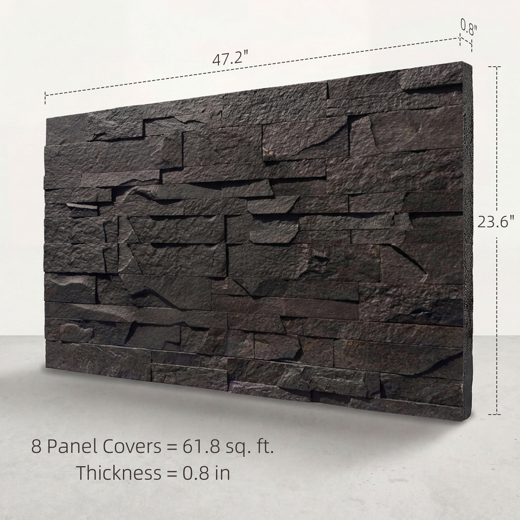 8-Pack 3D Faux Stone Wall Panels, Lightweight Polyurethane Panels for Interior and Exterior Accent Walls, Water-Resistant, 4' x 2', Cover 61.8 Sq.Ft., 0.8" Thick, Black