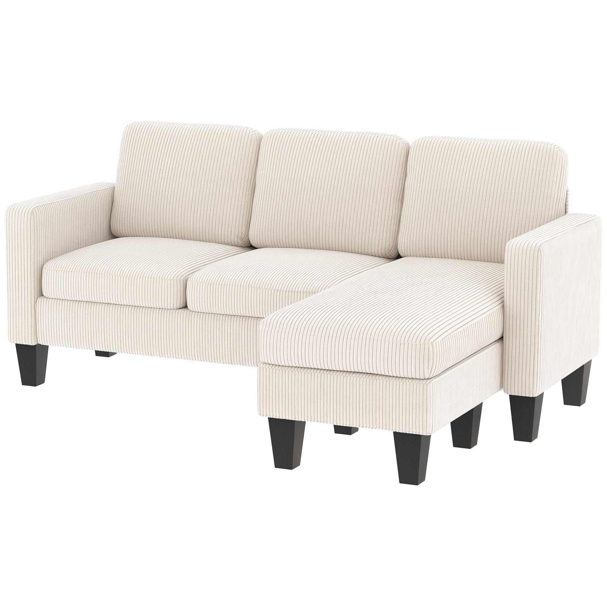 73" Sectional Sofa, L Shaped Couch with Reversible Chaise or Ottoman, Corduroy 3 Seat Sectional Couch for Living Room, Bedroom, Apartment, 2200lb Capacity, Cream White