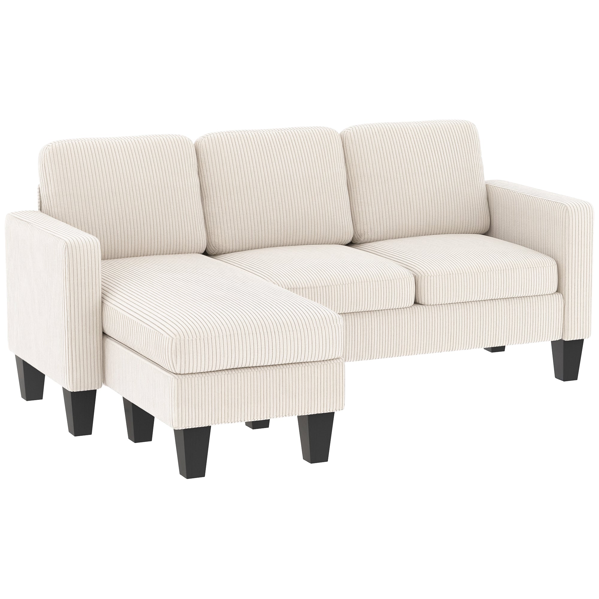 73" Sectional Sofa, L Shaped Couch with Reversible Chaise or Ottoman, Corduroy 3 Seat Sectional Couch for Living Room, Bedroom, Apartment, 2200lb Capacity, Cream White