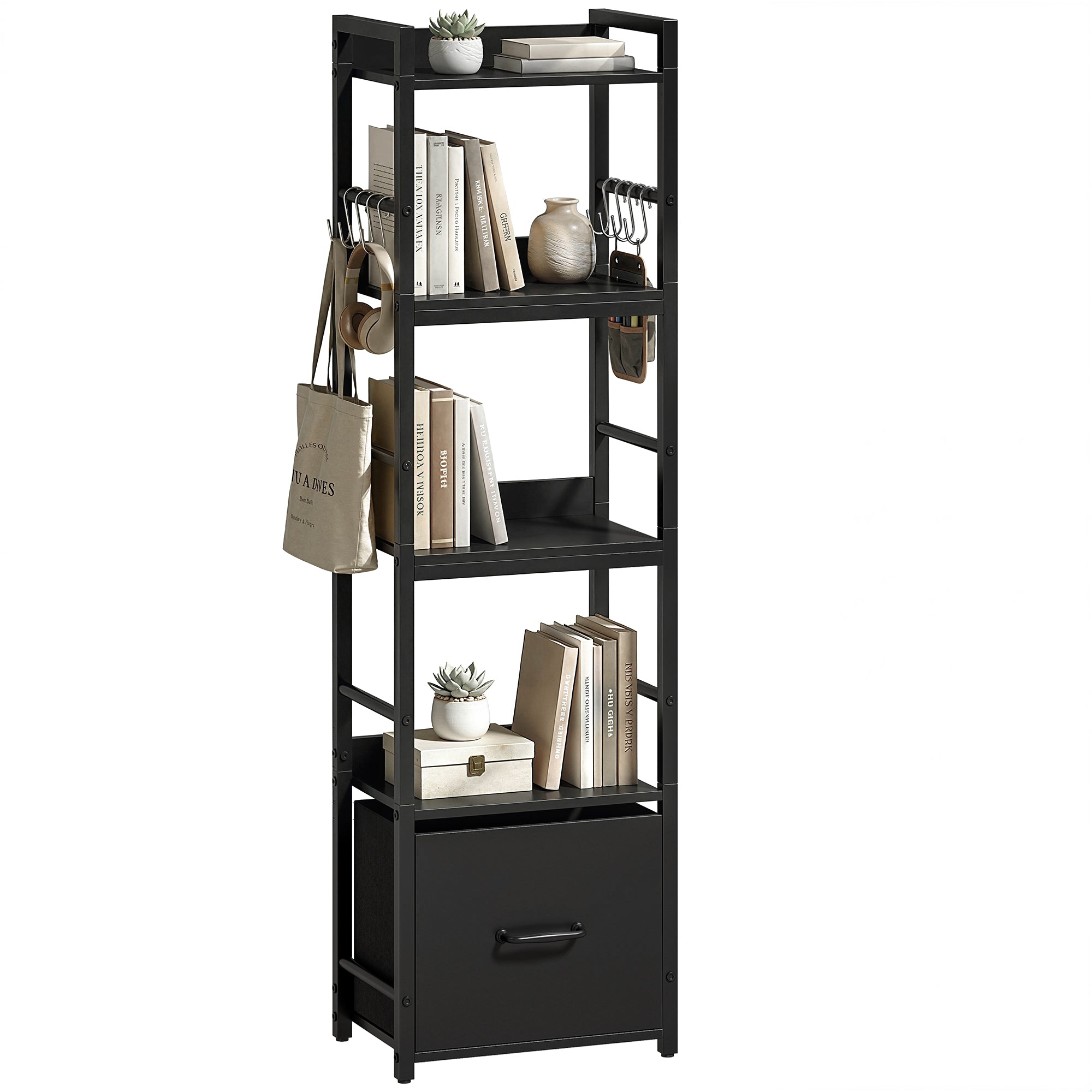 4-Tier Bookshelf, Narrow Bookcase with Drawer, 8 Hooks, Metal Frame, Shelving Unit for Living Room, Bedroom, Home Office, 39 x 26 x 136.5 cm, Black