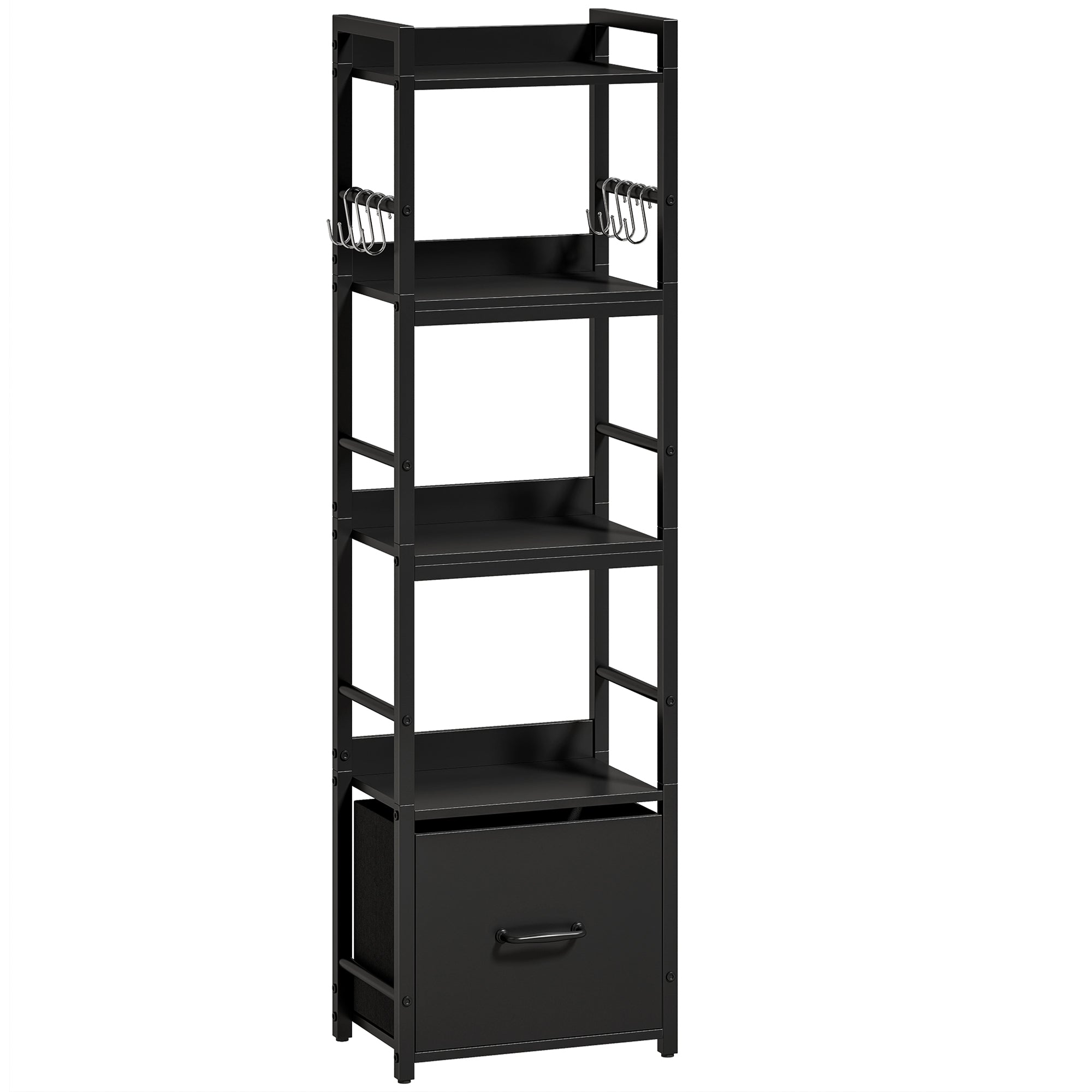 4-Tier Bookshelf, Narrow Bookcase with Drawer, 8 Hooks, Metal Frame, Shelving Unit for Living Room, Bedroom, Home Office, 39 x 26 x 136.5 cm, Black