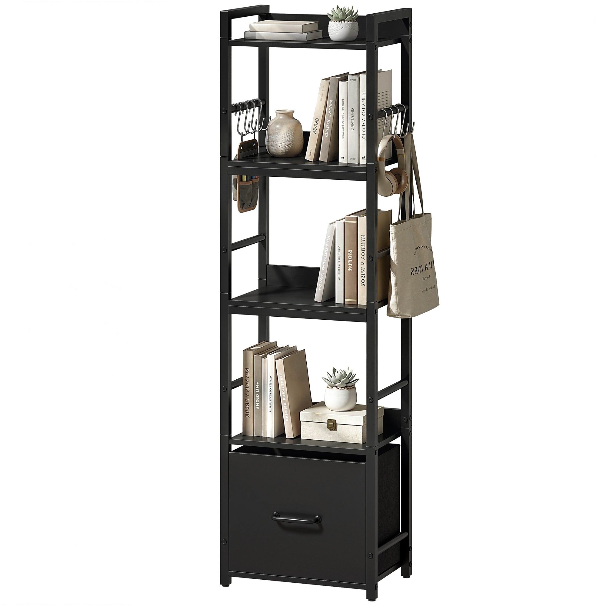 4-Tier Bookshelf, Narrow Bookcase with Drawer, 8 Hooks, Metal Frame, Shelving Unit for Living Room, Bedroom, Home Office, 39 x 26 x 136.5 cm, Black