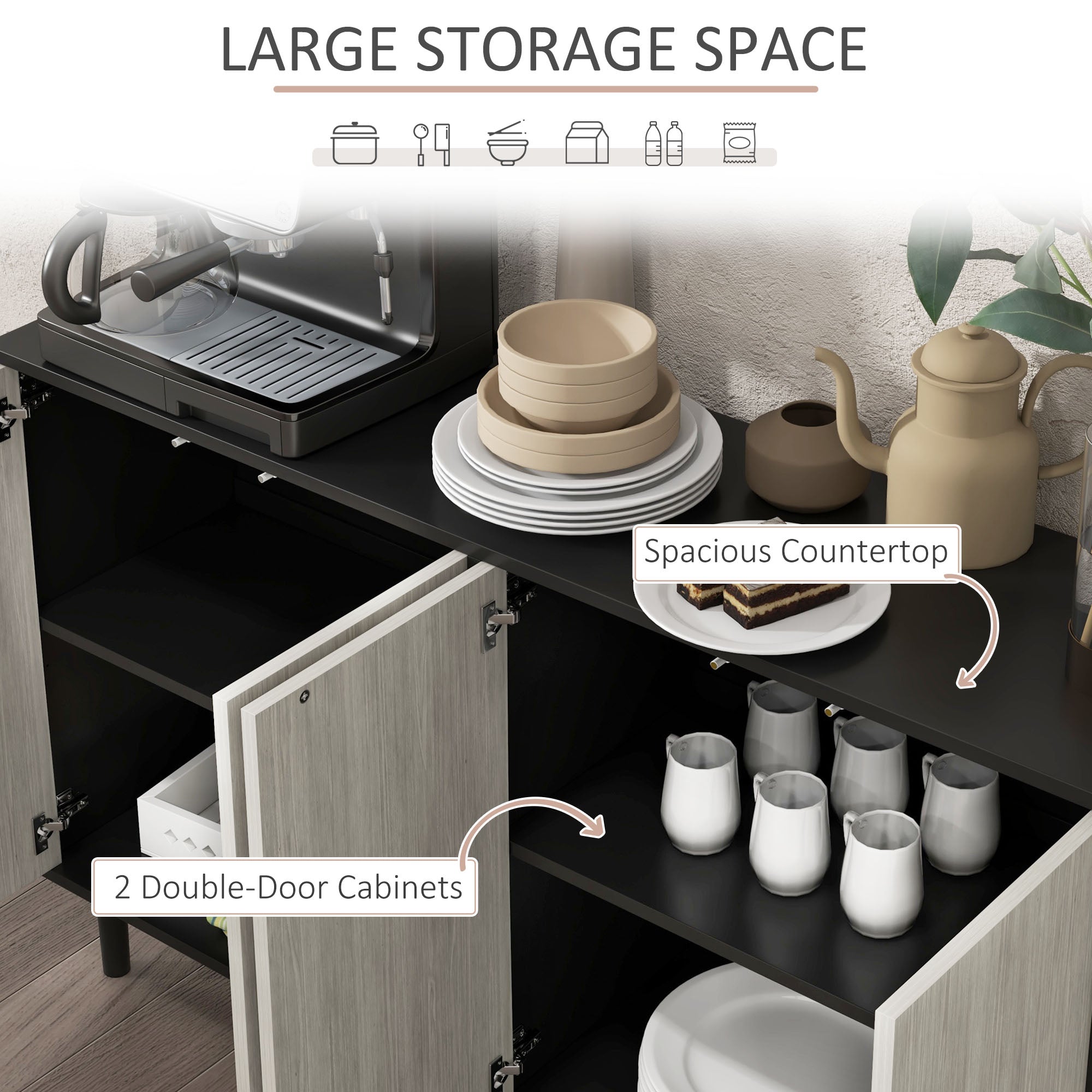 HOMCOM Modern Sideboard with 2 Cupboards, Kitchen Storage Cabinet for Living Room with Adjustable Shelves, 4 Doors and Solid Wood Legs, Black
