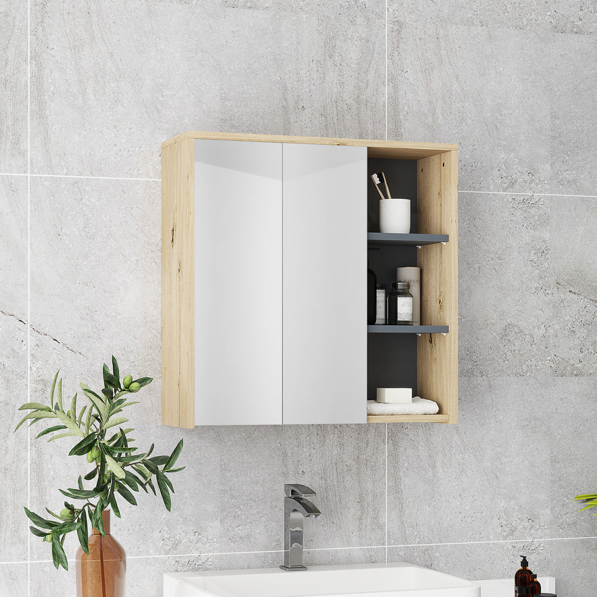 Bathroom Medicine Cabinet with Mirror, Wall Mount Mirror Cabinet with Open Shelves, 2 Soft-Close Doors, Bathroom Storage Organizer, Natural