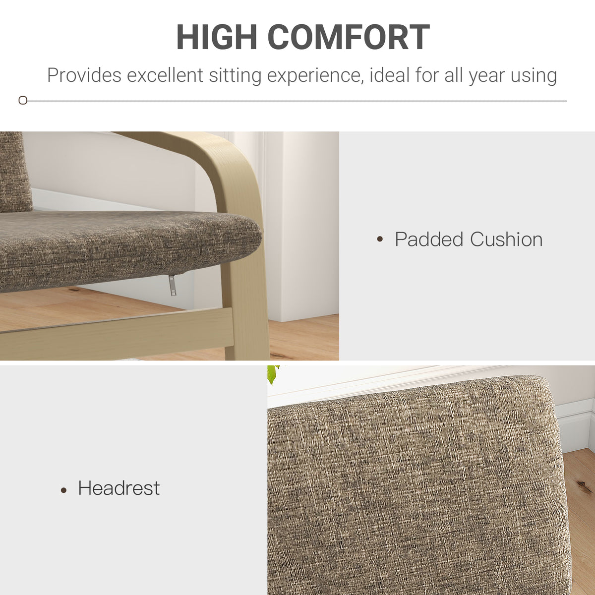 Modern Accent Chair, Linen-Feel Upholstered Living Room Chair with Wood Curved Legs and Wide Padded Seat for Balcony, Dark Brown