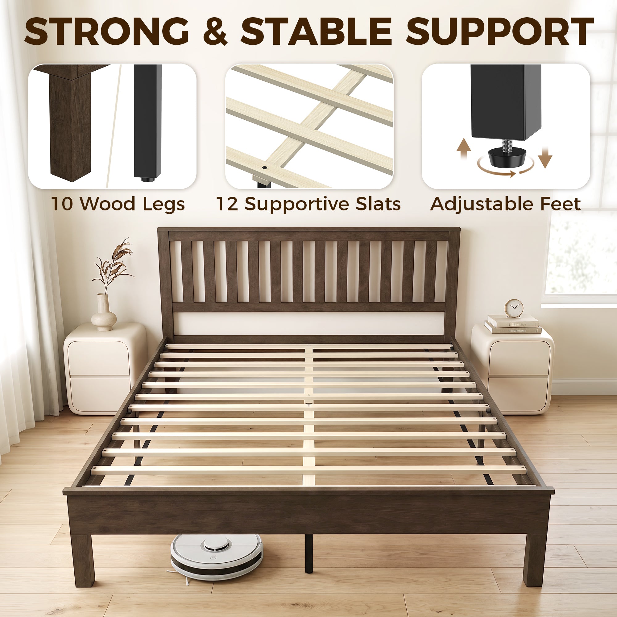 Queen Size Wood Platform Bed Frame with Headboard and Footboard, Mid-Century Bed Frame with Slat Support, Mattress Foundation with Under-Bed Storage, No Box Spring Needed, Easy Assembly, Walnut