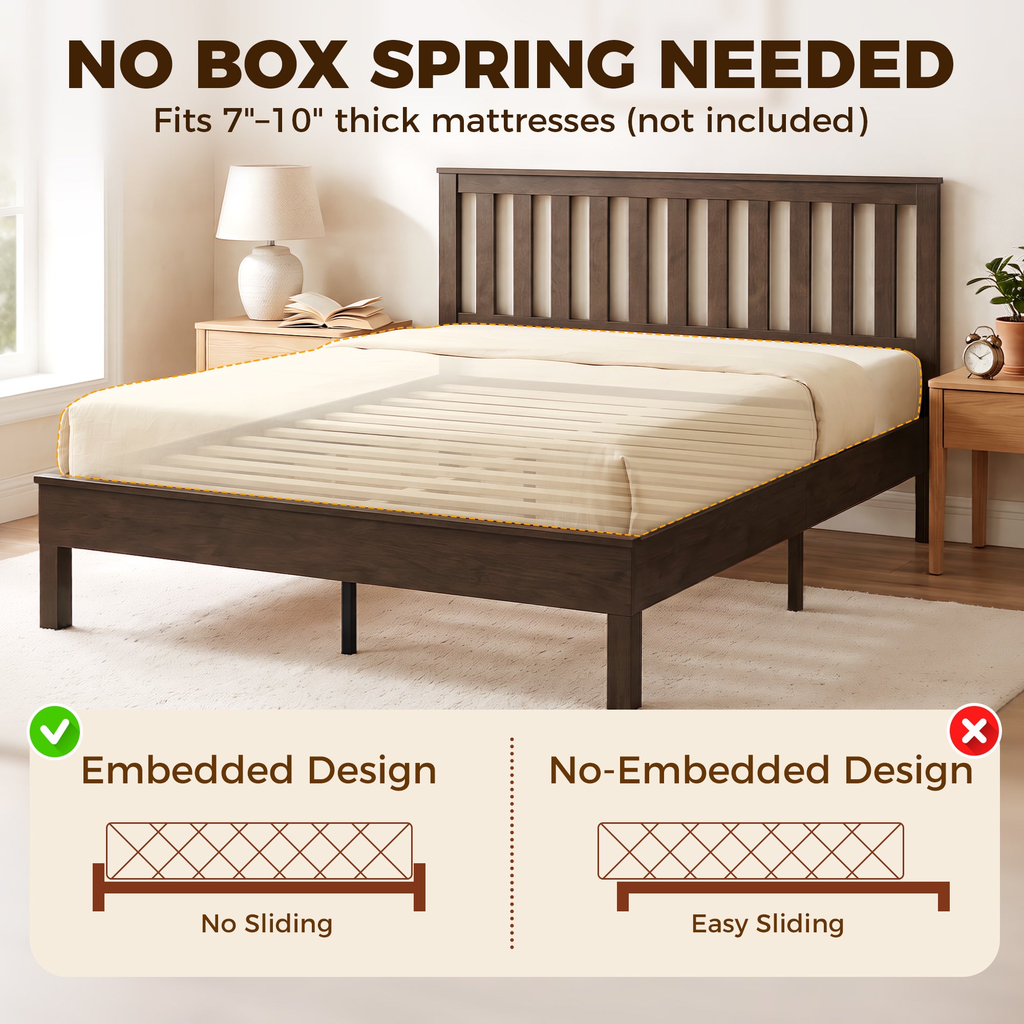 Queen Size Wood Platform Bed Frame with Headboard and Footboard, Mid-Century Bed Frame with Slat Support, Mattress Foundation with Under-Bed Storage, No Box Spring Needed, Easy Assembly, Walnut