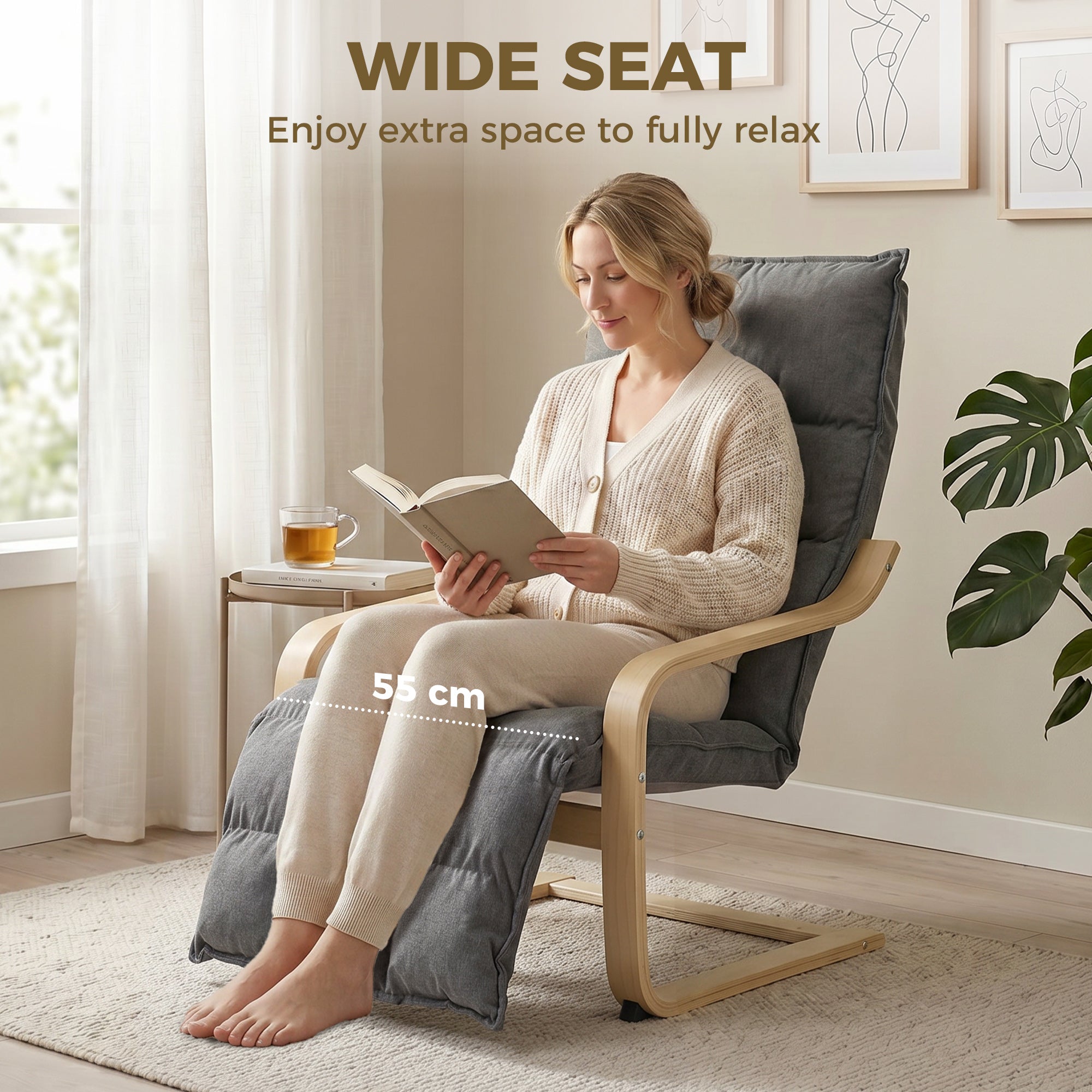 Accent Chair, Linen-Look Fabric Armchair with Footrest, Plush Cushion, High Back, Wide Seat, Curved Legs and Arms, Gentle Motion, Leisure Lounge Chair for Living Room, Bedroom, Grey