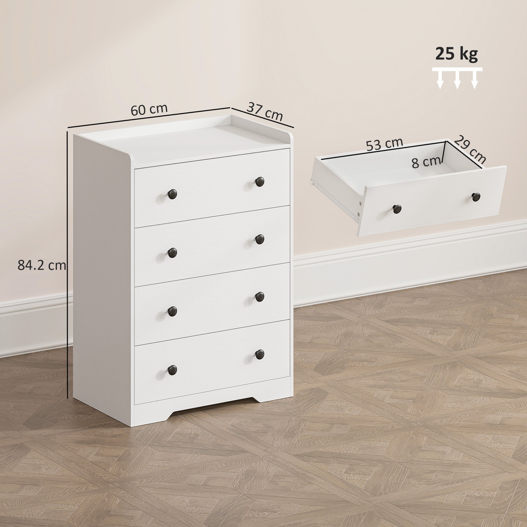 4 Drawer Chest of Drawers, Modern Dresser for Bedroom, Storage Cabinet for Living Room Entryway, White Wood Effect