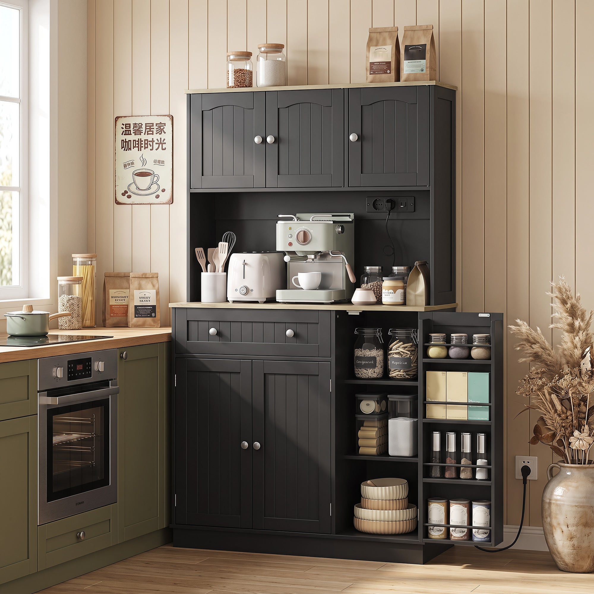 173 cm Tall Kitchen Cupboard with Charging Station, Pantry Storage Cabinet with Microwave Stand, Adjustable Shelves, 4 Door Racks, Farmhouse Kitchen Cabinet for Dining Room, Black