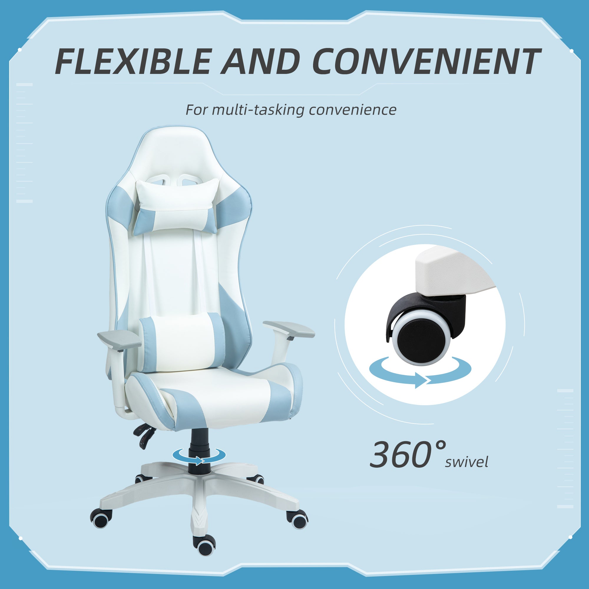HOMCOM Gaming Chair, Racing Gamer Chair, Reclining Faux Leather Computer Chair with Headrest, Lumber Support, 3D Armrests, Adjustable Height, Swivel Wheels for Home Office, Light Blue