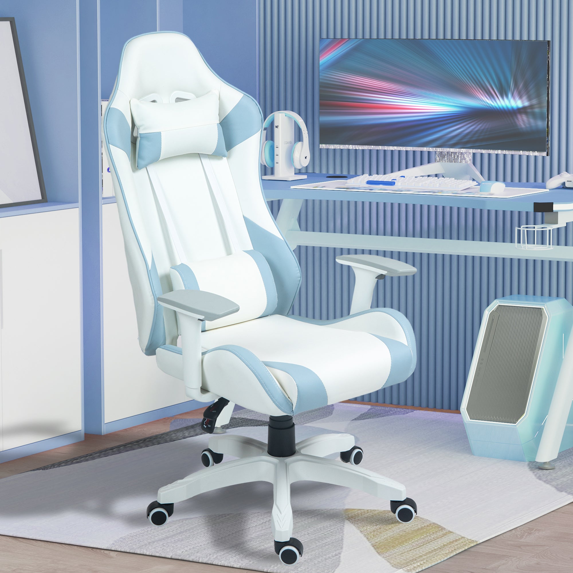 HOMCOM Gaming Chair, Racing Gamer Chair, Reclining Faux Leather Computer Chair with Headrest, Lumber Support, 3D Armrests, Adjustable Height, Swivel Wheels for Home Office, Light Blue