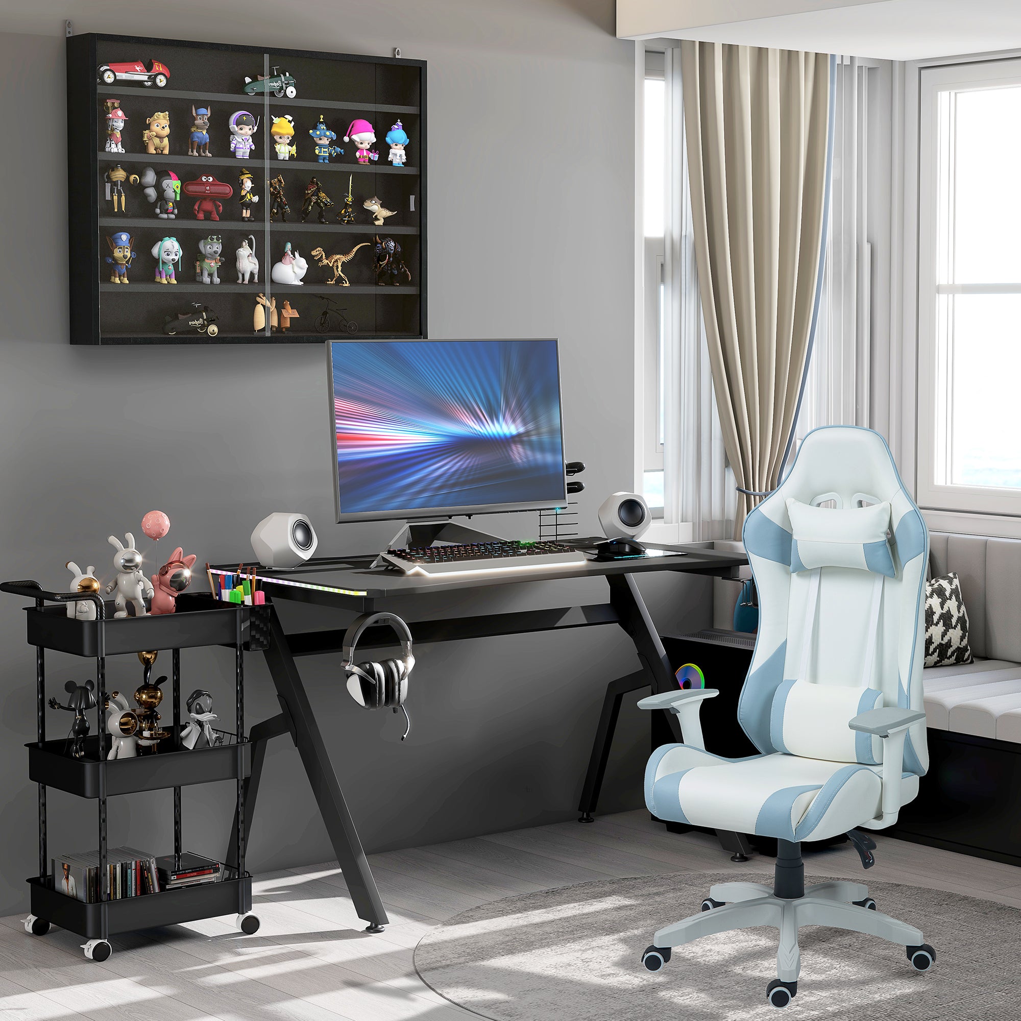 HOMCOM Gaming Chair, Racing Gamer Chair, Reclining Faux Leather Computer Chair with Headrest, Lumber Support, 3D Armrests, Adjustable Height, Swivel Wheels for Home Office, Light Blue