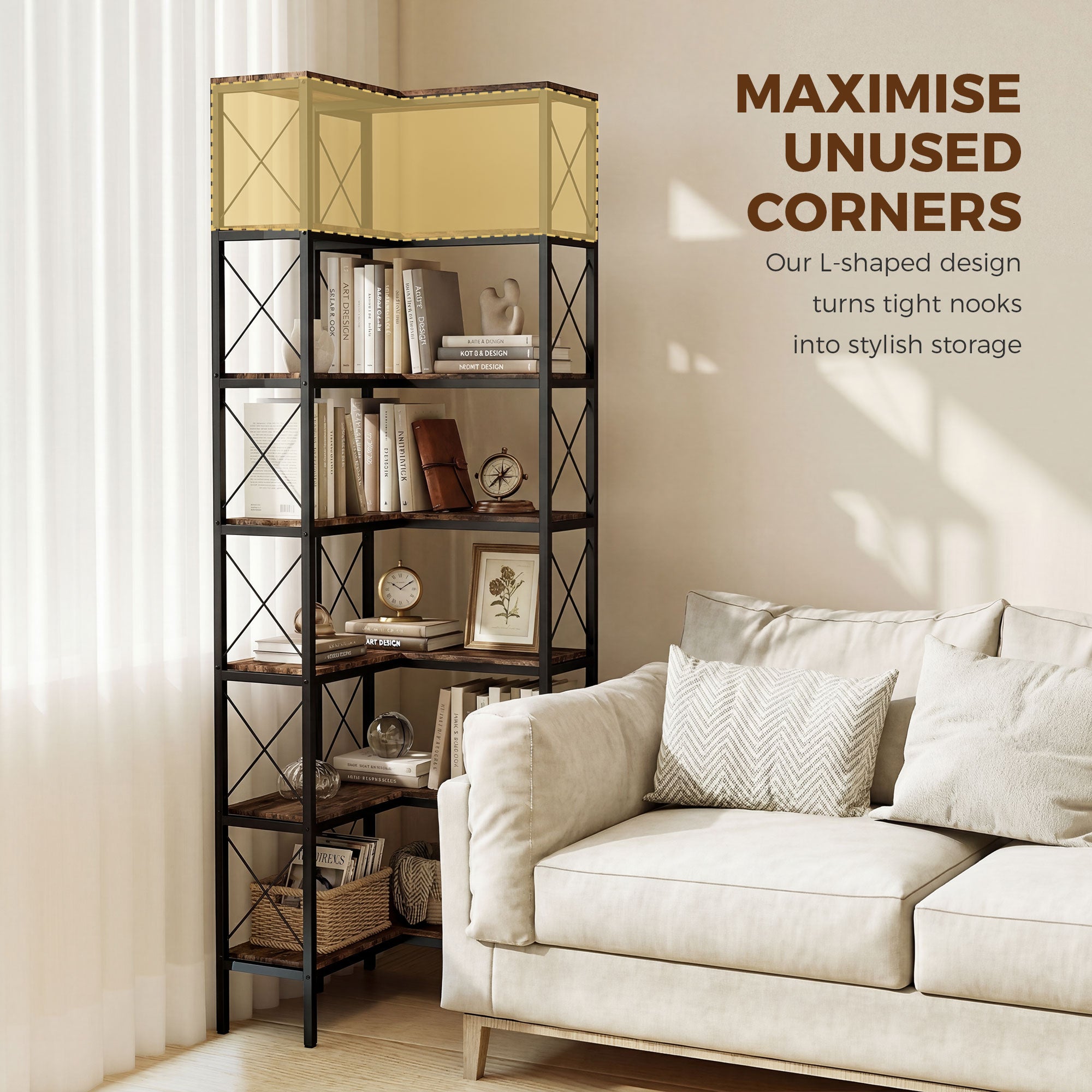 6-Tier Corner Bookshelf, L-Shaped Bookcase, Freestanding Display Shelf with Metal Frame for Living Room, Home Office, Bedroom, 60 x 60 x 200 cm, Rustic Brown