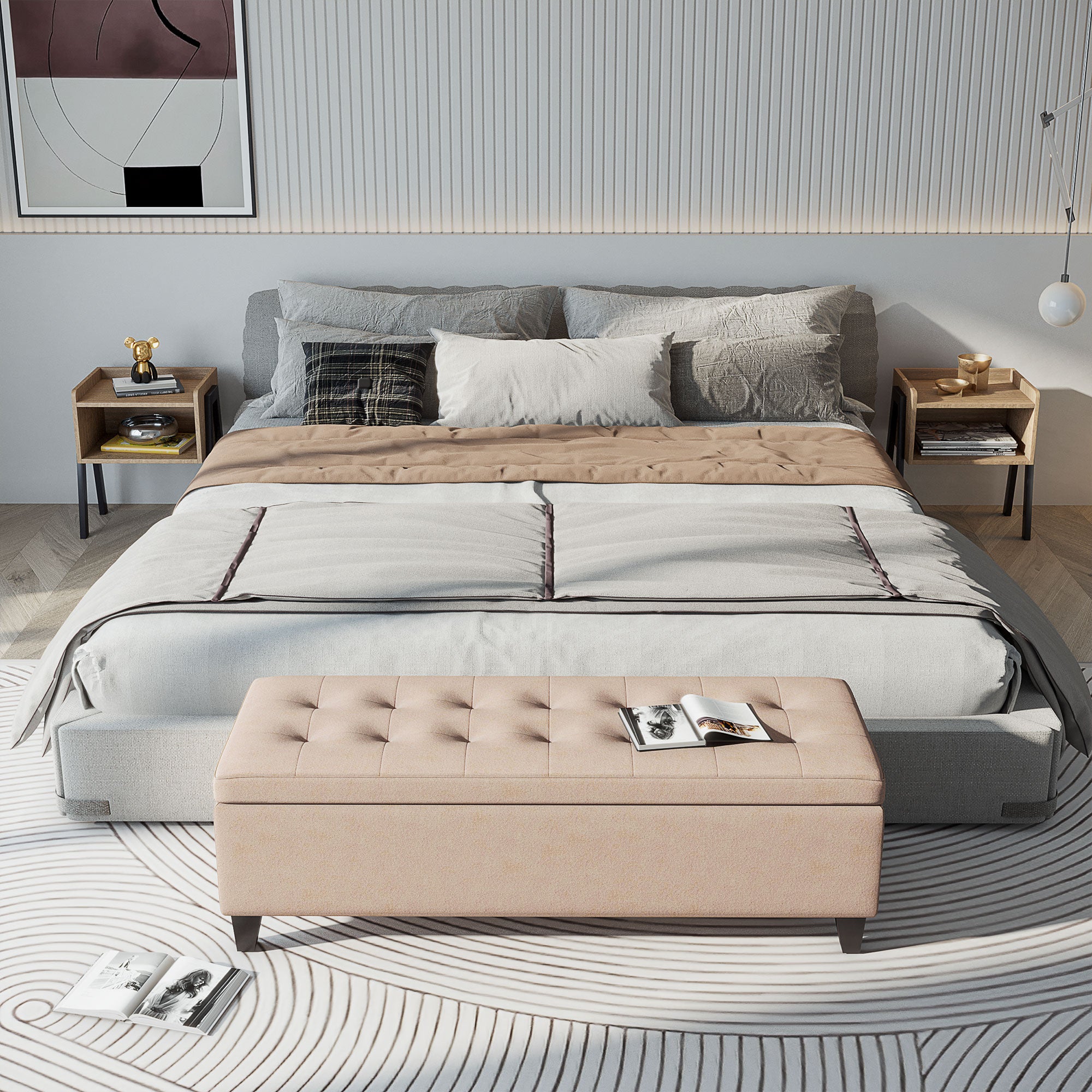 HOMCOM Linen Storage Ottoman, End of Bed Bench, Padded Footrest Seat with Tufting Design, Hinged Lid and Wood Frame 125L x 49W x 41.5H cm Beige
