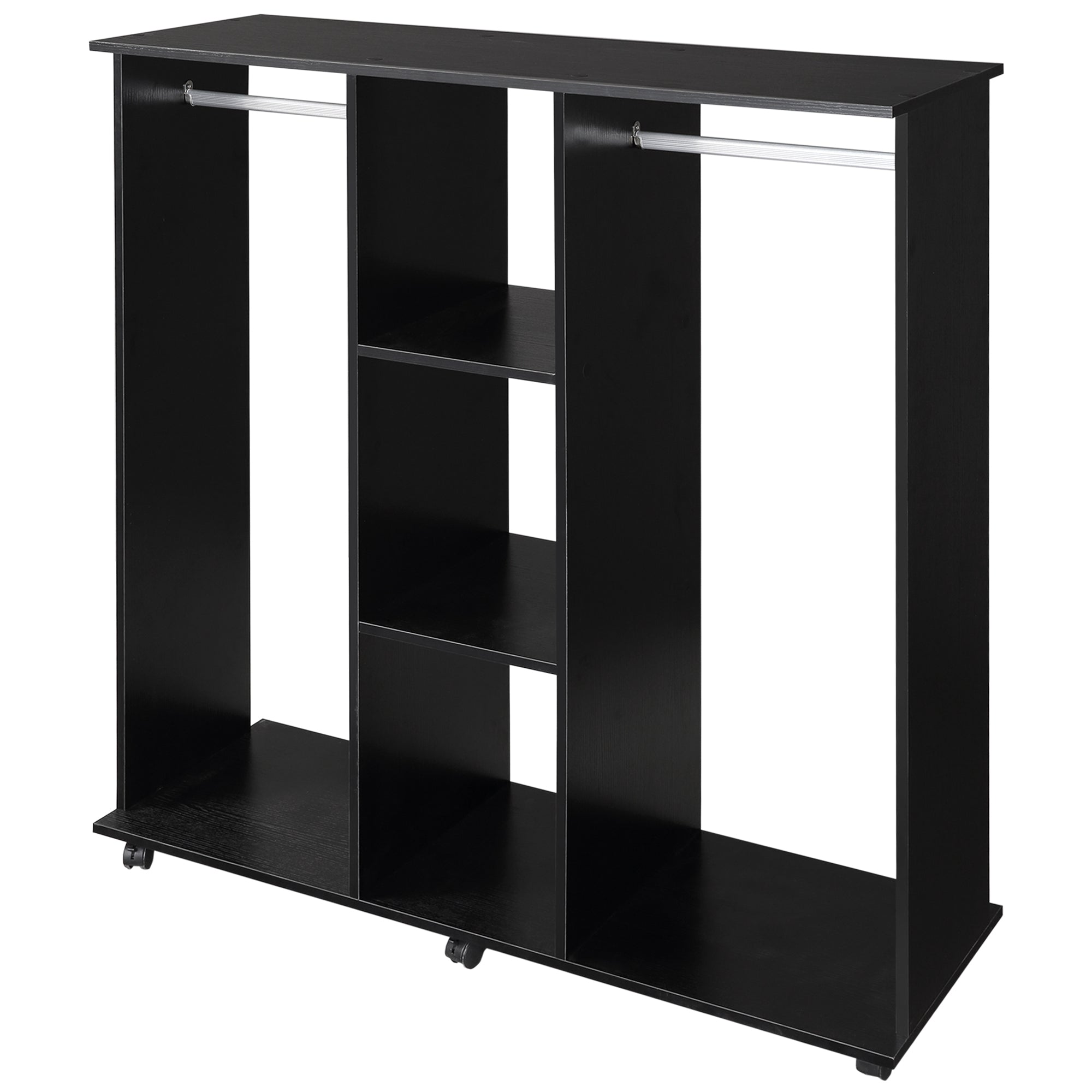 HOMCOM Double Open Wardrobe on Wheels, Bedroom Wardrobe with Clothes Hanging Rails, 3 Storage Shelves, Mobile Garment Rack for Cloakroom, Hallway, Black