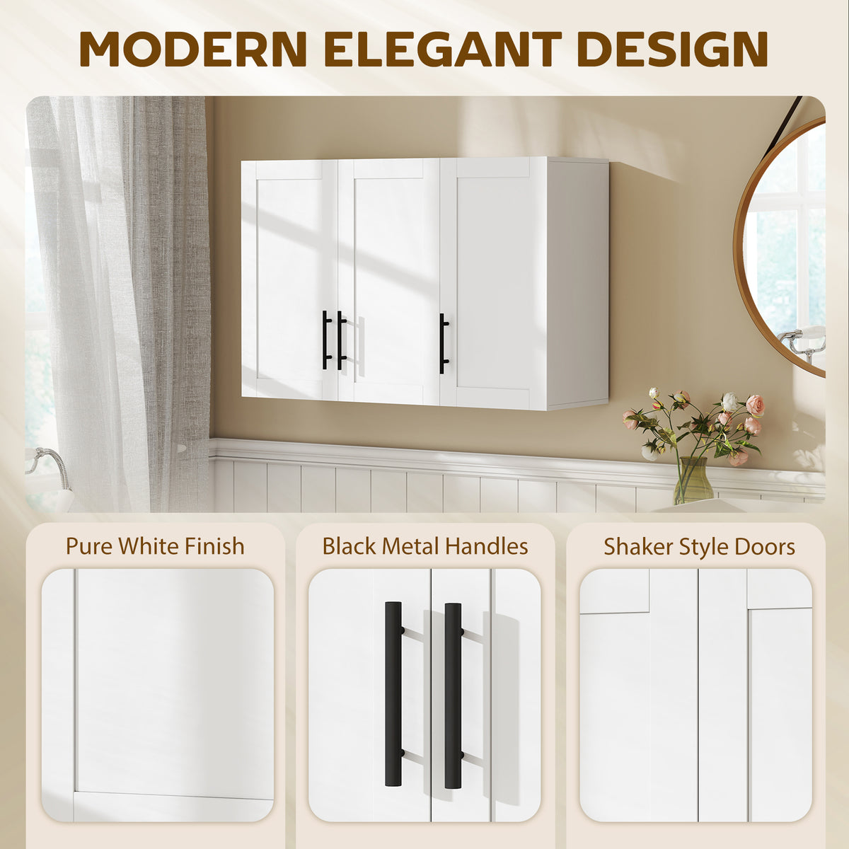 Bathroom Wall Cabinet, Modern Medicine Cabinet Wall Mounted, Over The Toilet Space Saver with 3 Doors and Adjustable Shelves for Toilet, Bathroom, Washroom, White