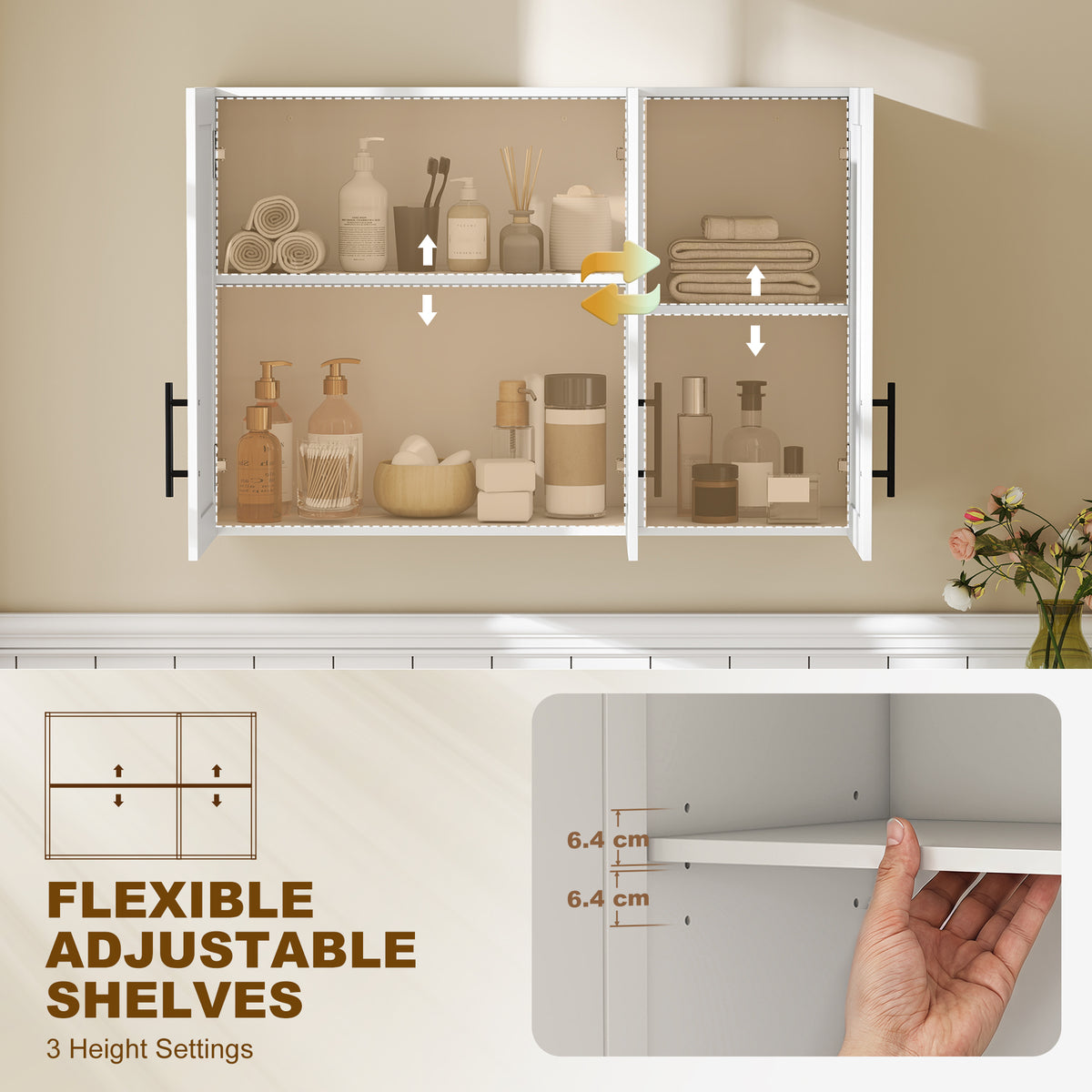 Bathroom Wall Cabinet, Modern Medicine Cabinet Wall Mounted, Over The Toilet Space Saver with 3 Doors and Adjustable Shelves for Toilet, Bathroom, Washroom, White