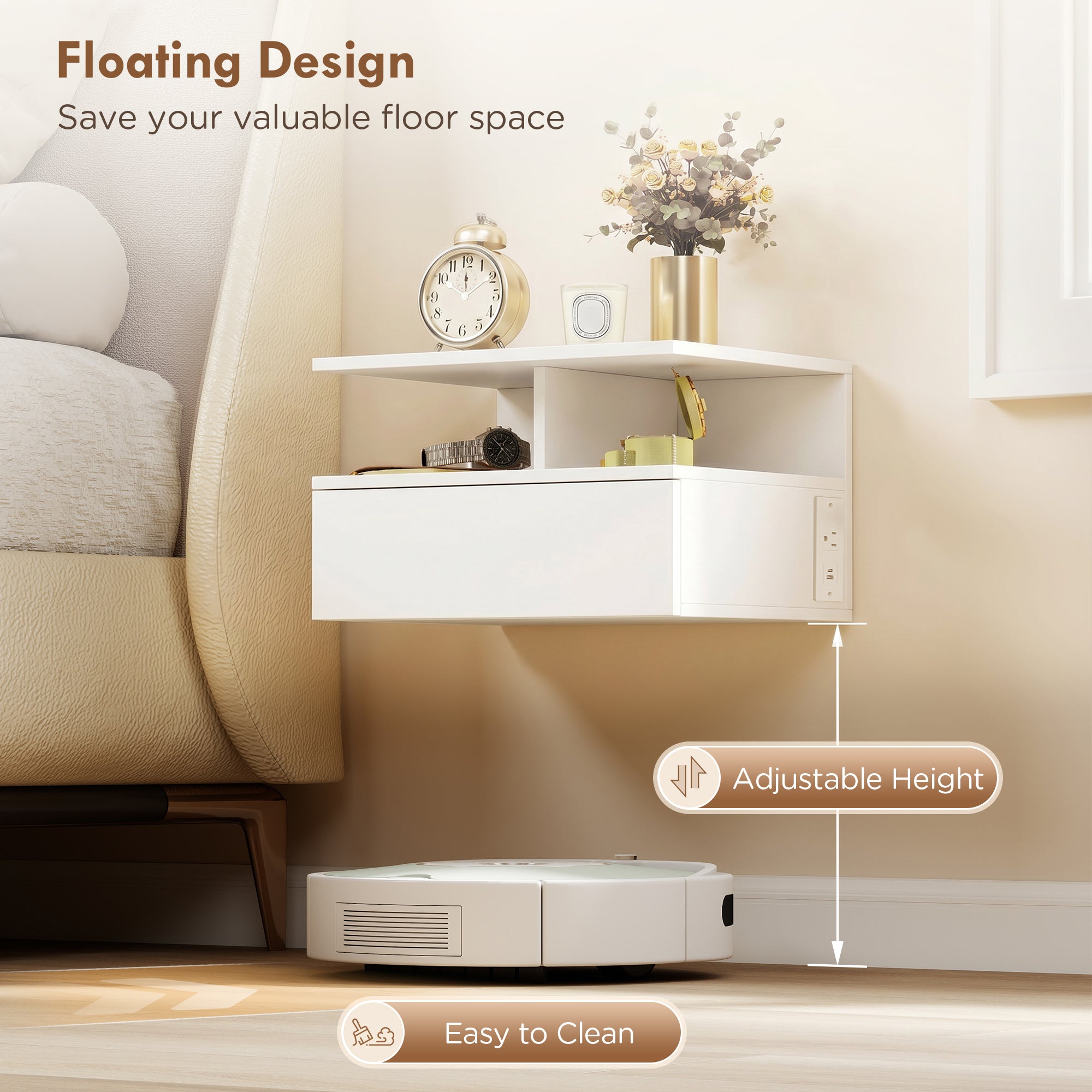 Floating Nightstand Set of 2, Wall Mounted Bedside Table with Power Outlets, Drawer and Open Shelf, Small Night Stand for Bedroom, White