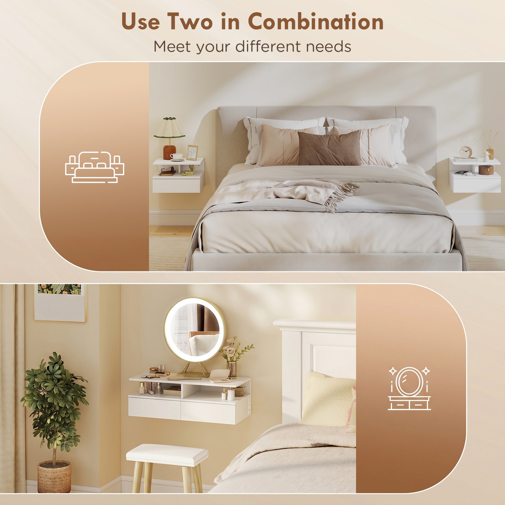 Floating Nightstand Set of 2, Wall Mounted Bedside Table with Power Outlets, Drawer and Open Shelf, Small Night Stand for Bedroom, White