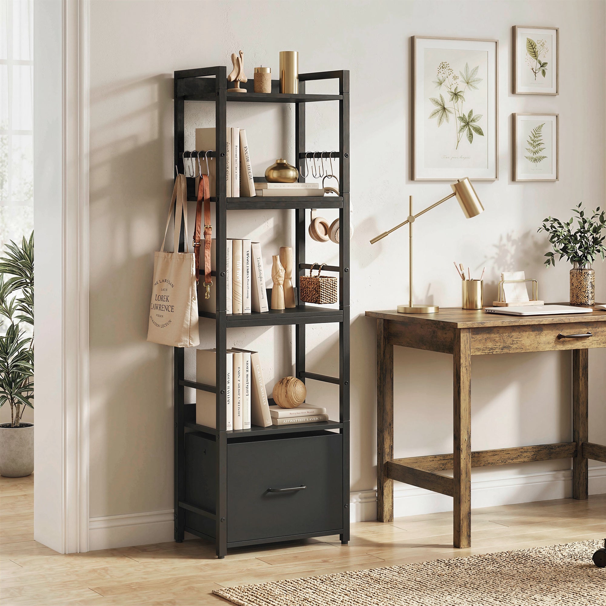 4-Tier Bookshelf, Narrow Bookcase with Drawer, 8 Hooks, Metal Frame, Shelving Unit for Living Room, Bedroom, Home Office, 39 x 26 x 136.5 cm, Black