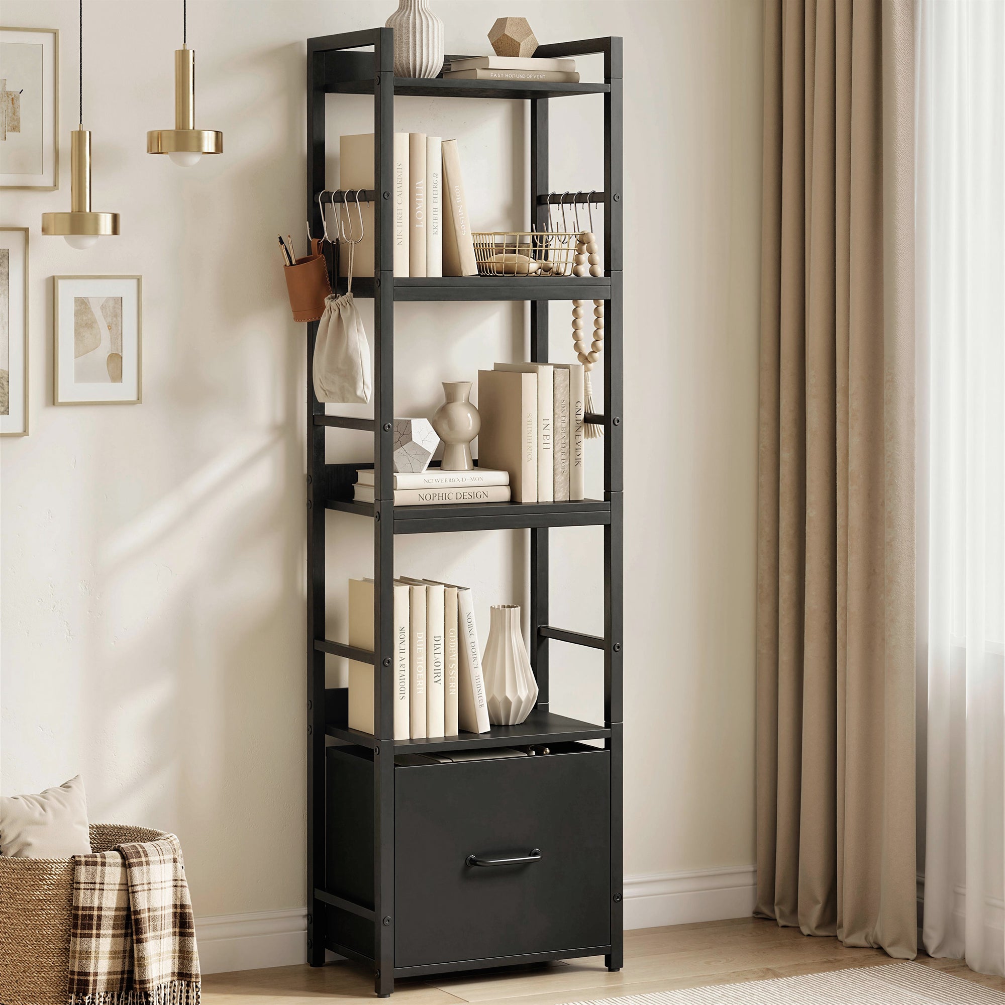 4-Tier Bookshelf, Narrow Bookcase with Drawer, 8 Hooks, Metal Frame, Shelving Unit for Living Room, Bedroom, Home Office, 39 x 26 x 136.5 cm, Black