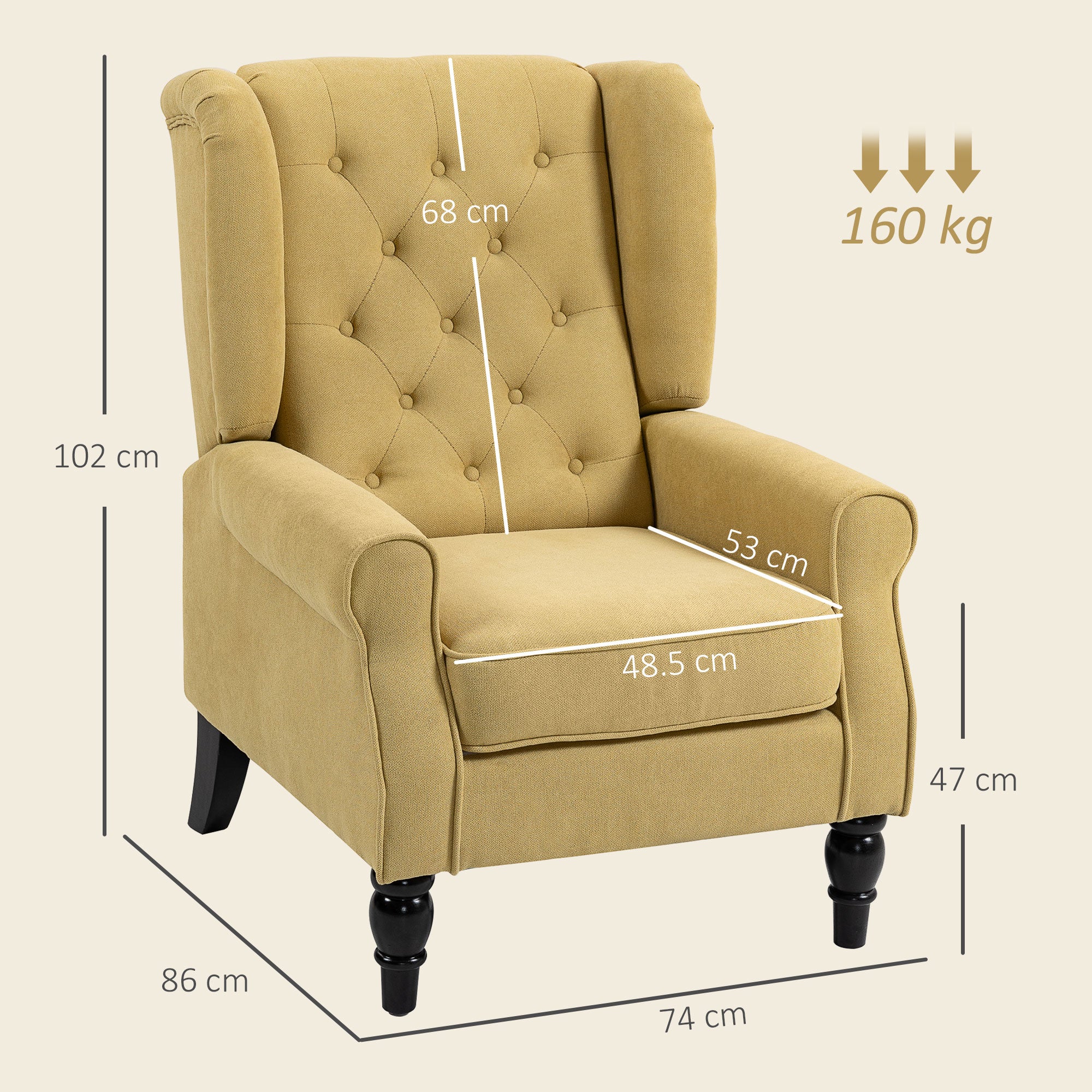 Retro Accent Chair, Snow Flannel Wingback Armchair with Wood Frame Button Tufted Design for Living Room Bedroom, Yellow