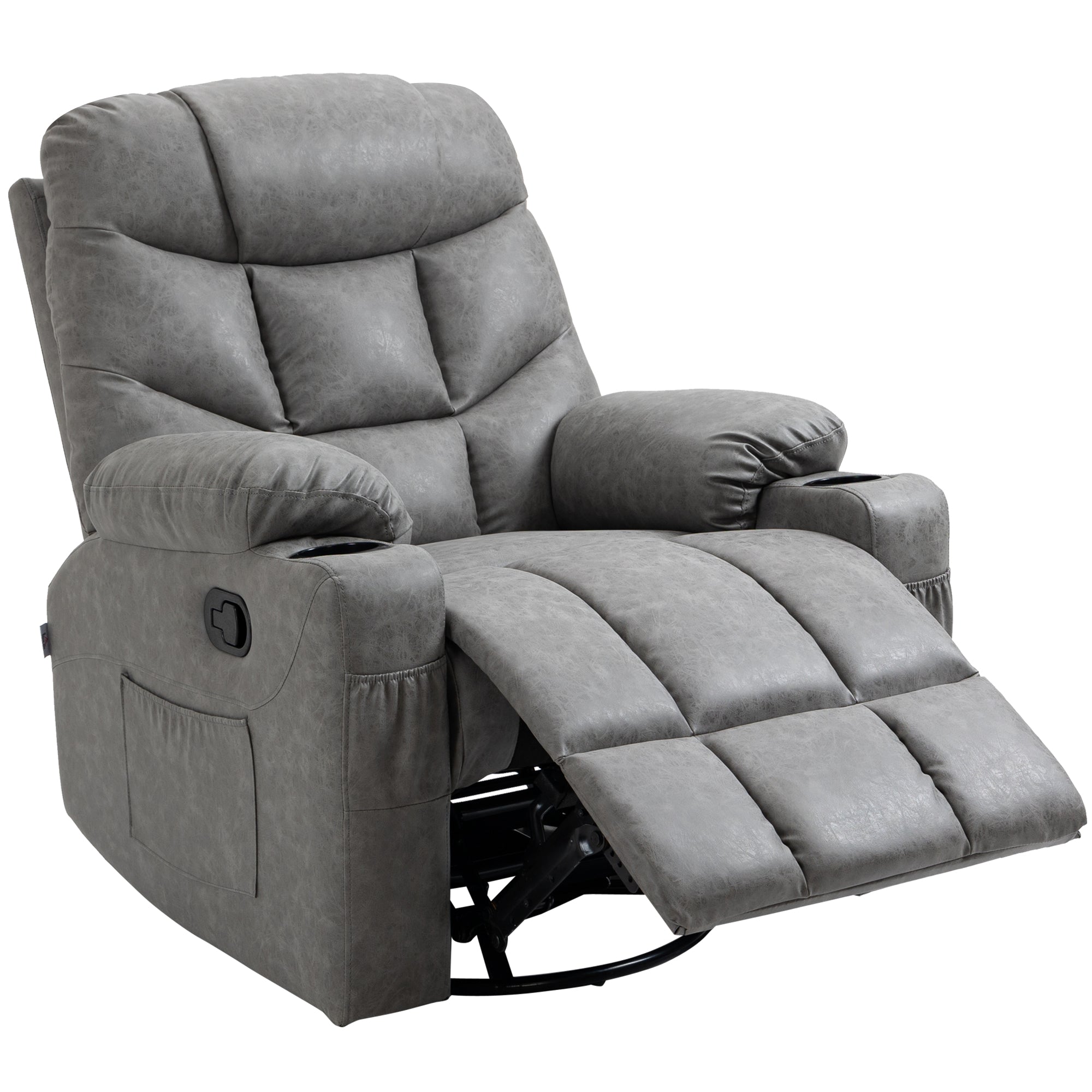 HOMCOM Recliner Armchair, Swivel PU Leather Manual Reclining Chair with Adjustable Leg Rest, Drink Holders, Side Pockets, Rocker Chair for Home Living Room, Light Grey