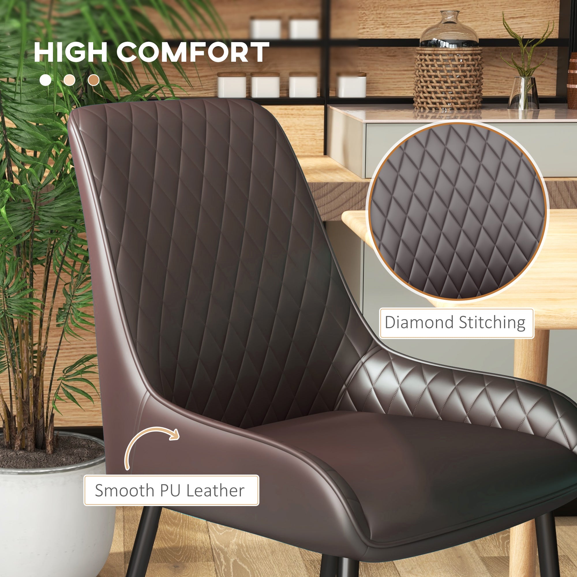 HOMCOM Dining Chairs Set of 4, Modern PU Leather Upholstered Kitchen Chairs with Diamond Tufted Backs and Steel Legs for Living Room, Dining Room, Bedroom, Brown