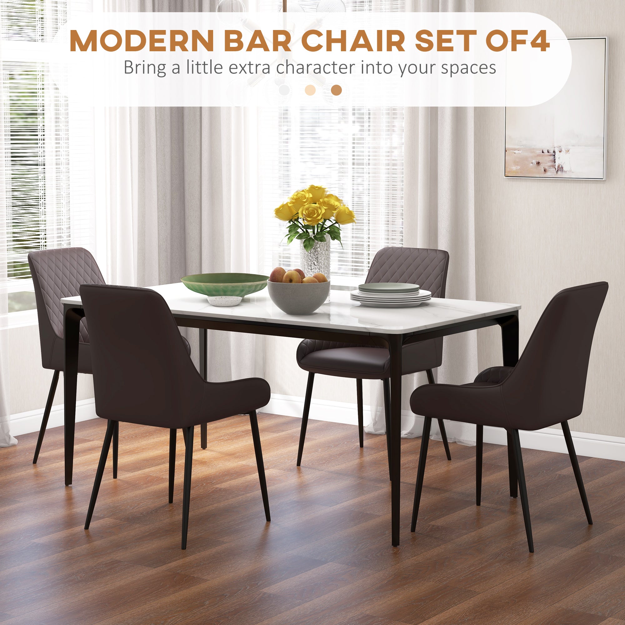 HOMCOM Dining Chairs Set of 4, Modern PU Leather Upholstered Kitchen Chairs with Diamond Tufted Backs and Steel Legs for Living Room, Dining Room, Bedroom, Brown