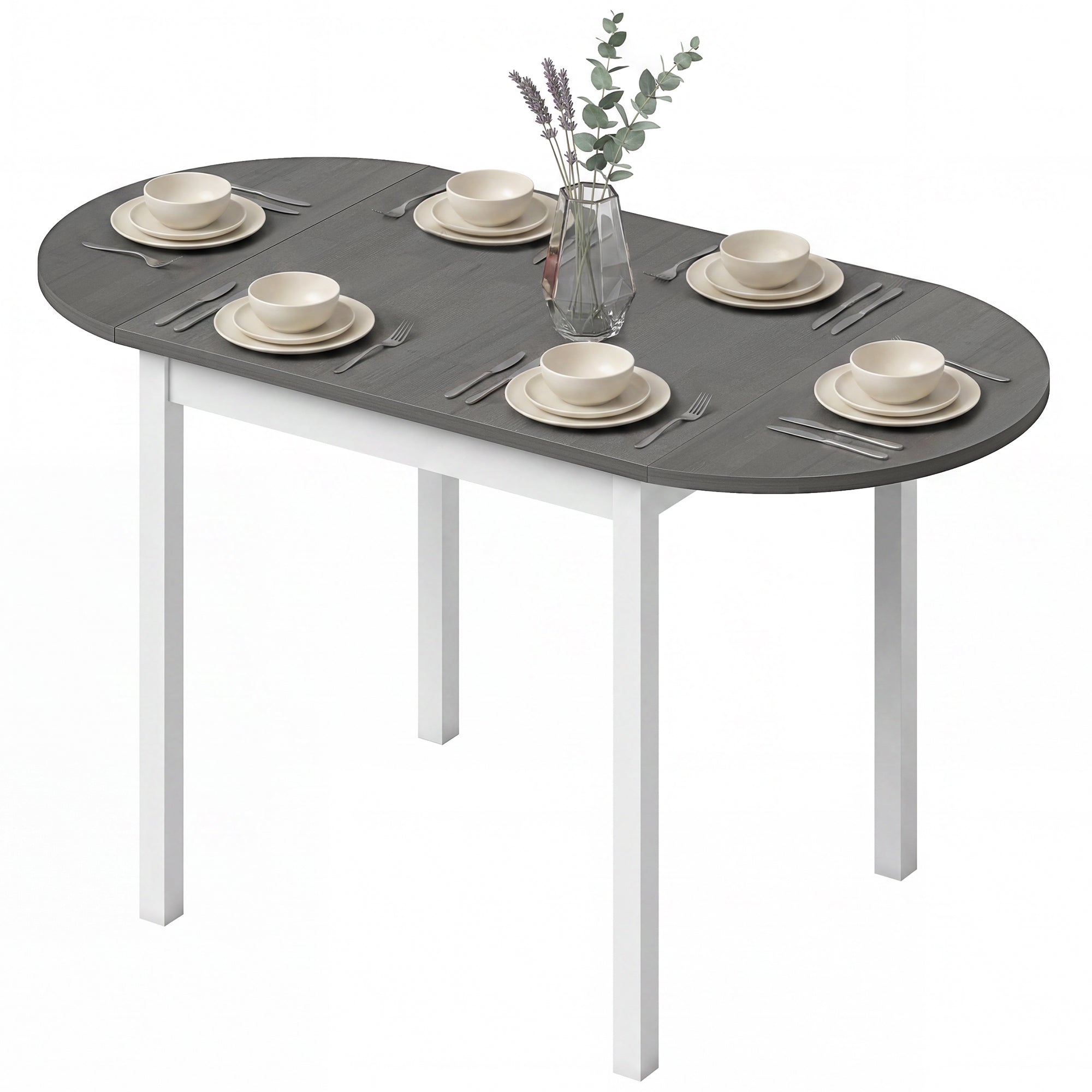 Folding Dining Table for 4-6 People, 140 cm Oval Solid Wood Drop Leaf Table, Kitchen Table for Small Spaces, Dining Room, Living Room, Grey