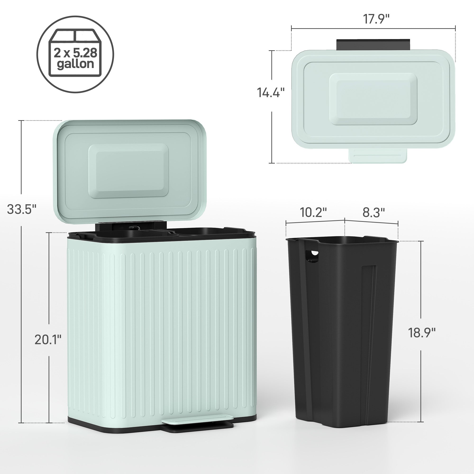 Trash Can with Lid, 2 x 5.3Gal Double Step-On Kitchen Trash Can with Rubbish Bags, Foot Pedal, Soft-Close Lid, Removable Buckets, Fingerprint-Proof Rubbish Bin for Kitchen, Office, Light Green