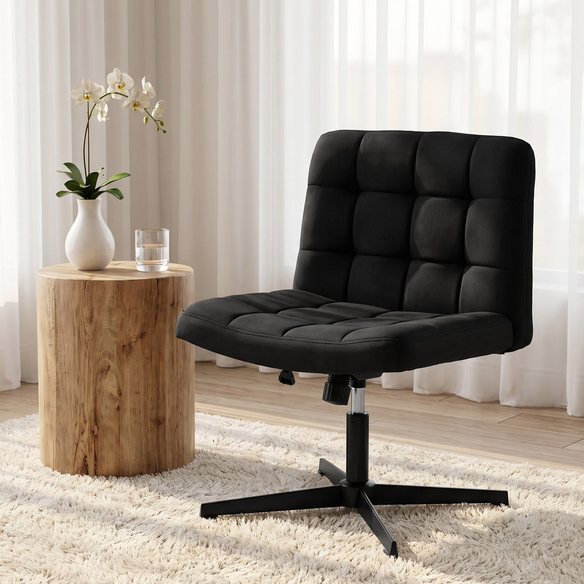 Armless Office Chair, Cross Legged Linen Computer Desk Vanity Chair with Wide Seat, Rocking Function, Swivel, Adjustable Height for Home Office, Study, Bedroom, Makeup, Black