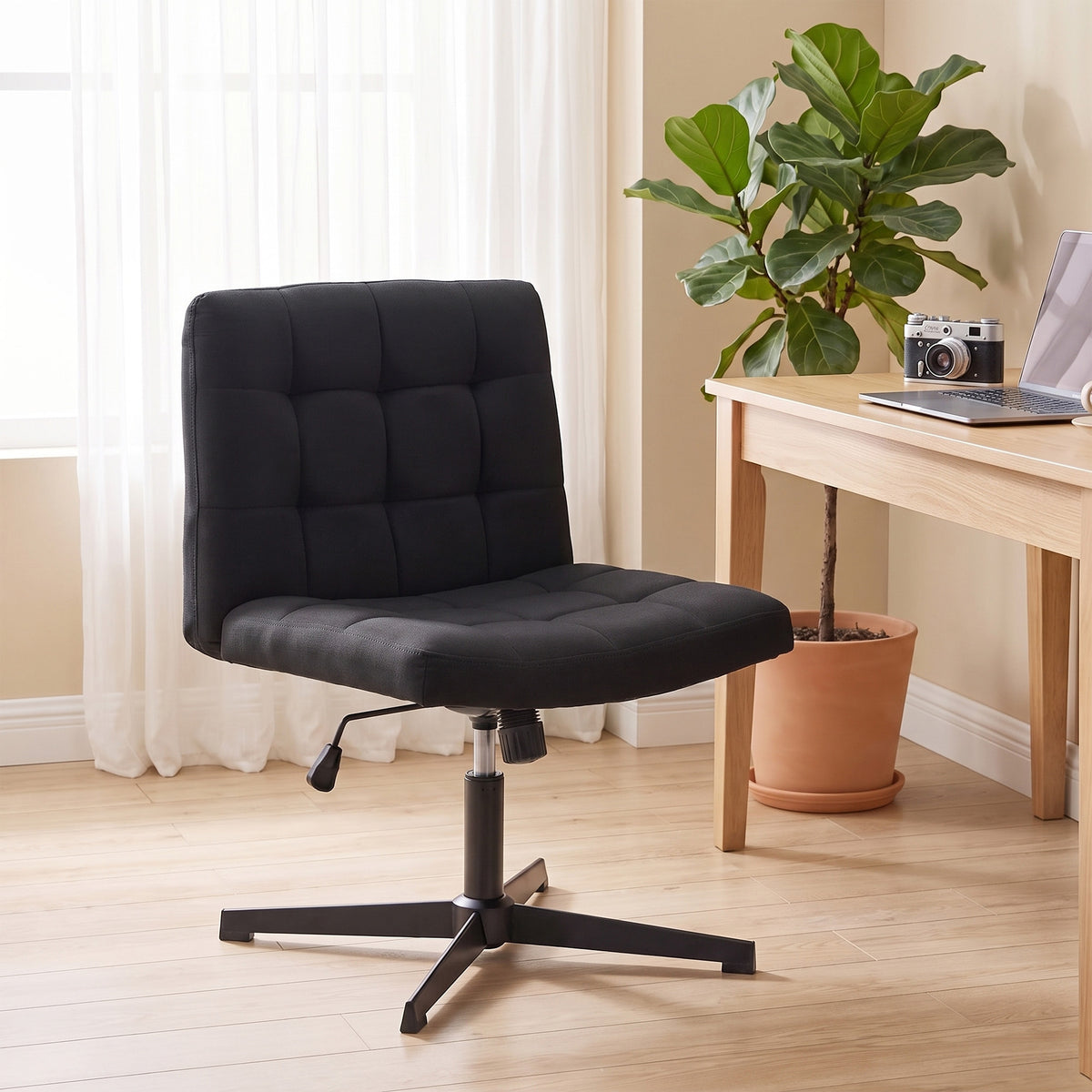 Armless Office Chair, Cross Legged Linen Computer Desk Vanity Chair with Wide Seat, Rocking Function, Swivel, Adjustable Height for Home Office, Study, Bedroom, Makeup, Black