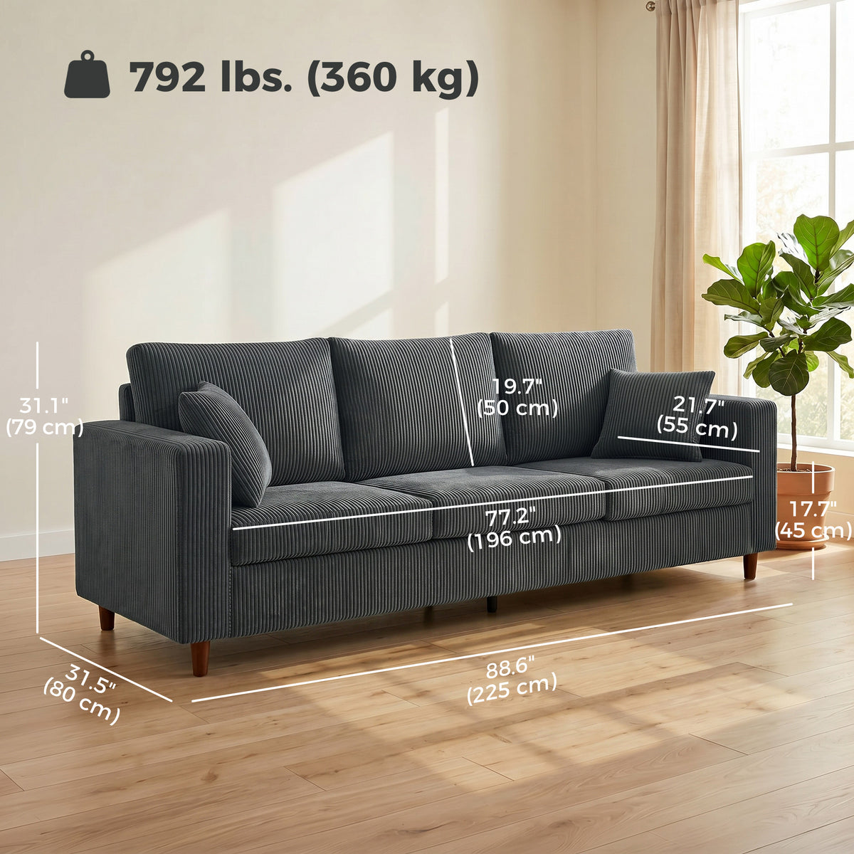 99" Corduroy Couch, Modern 3 Seater Sofa with Wide Deep Seat, Wide Armrests, Spring Cushion, Thick Padded, Solid Wood Legs, Fabric Sofa for Living Room, Dark Grey