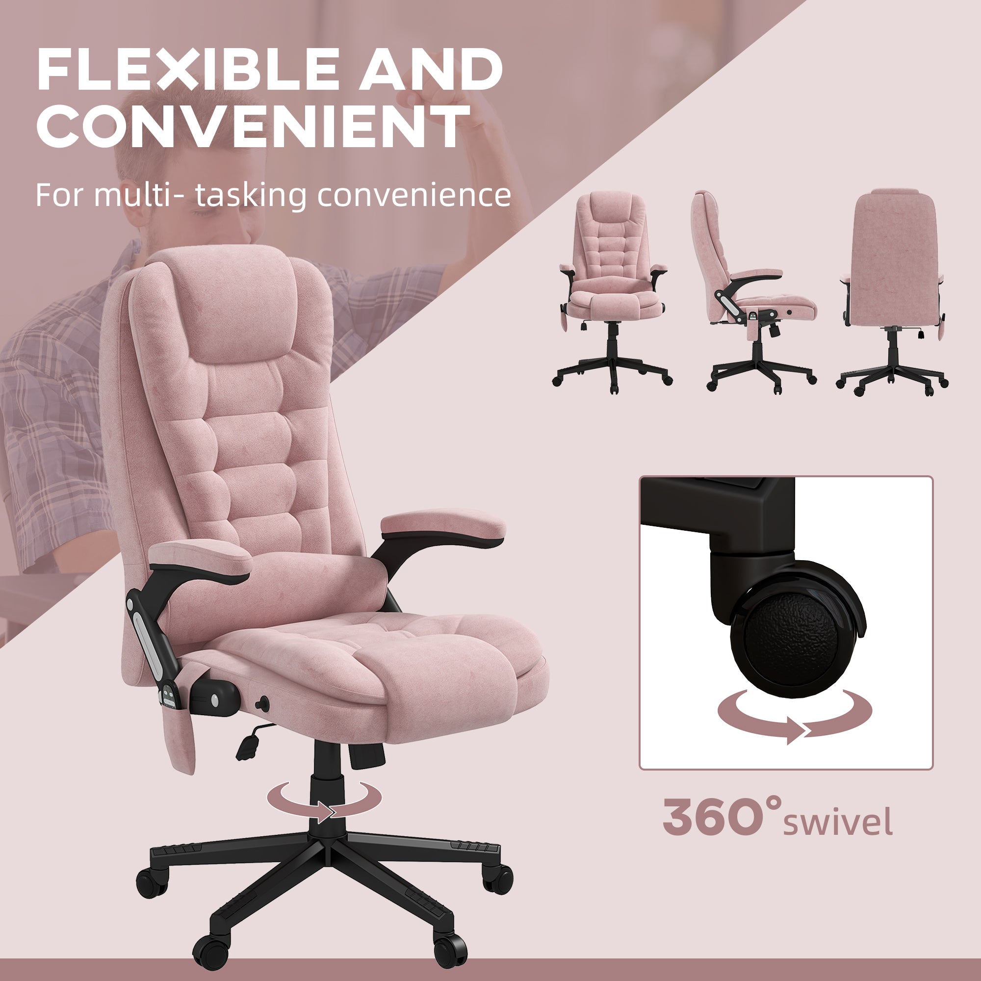 6 Point Executive Office Chair with Heat, Velvet High Back Vibrating Massage Office Chair, Pink