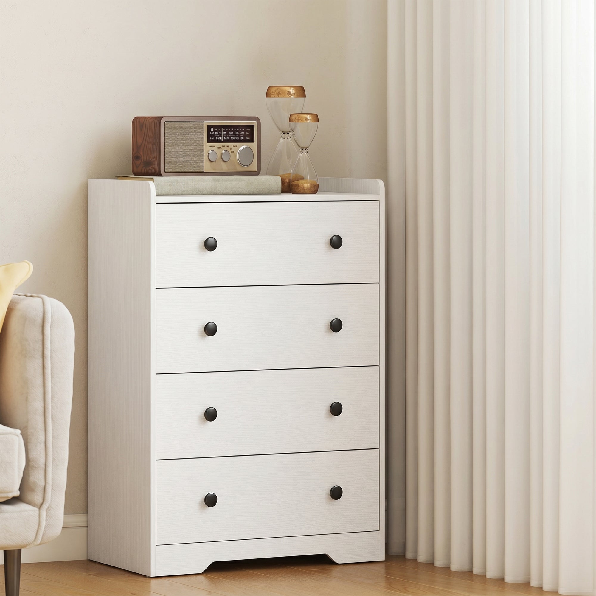 4 Drawer Chest of Drawers, Modern Dresser for Bedroom, Storage Cabinet for Living Room Entryway, White Wood Effect
