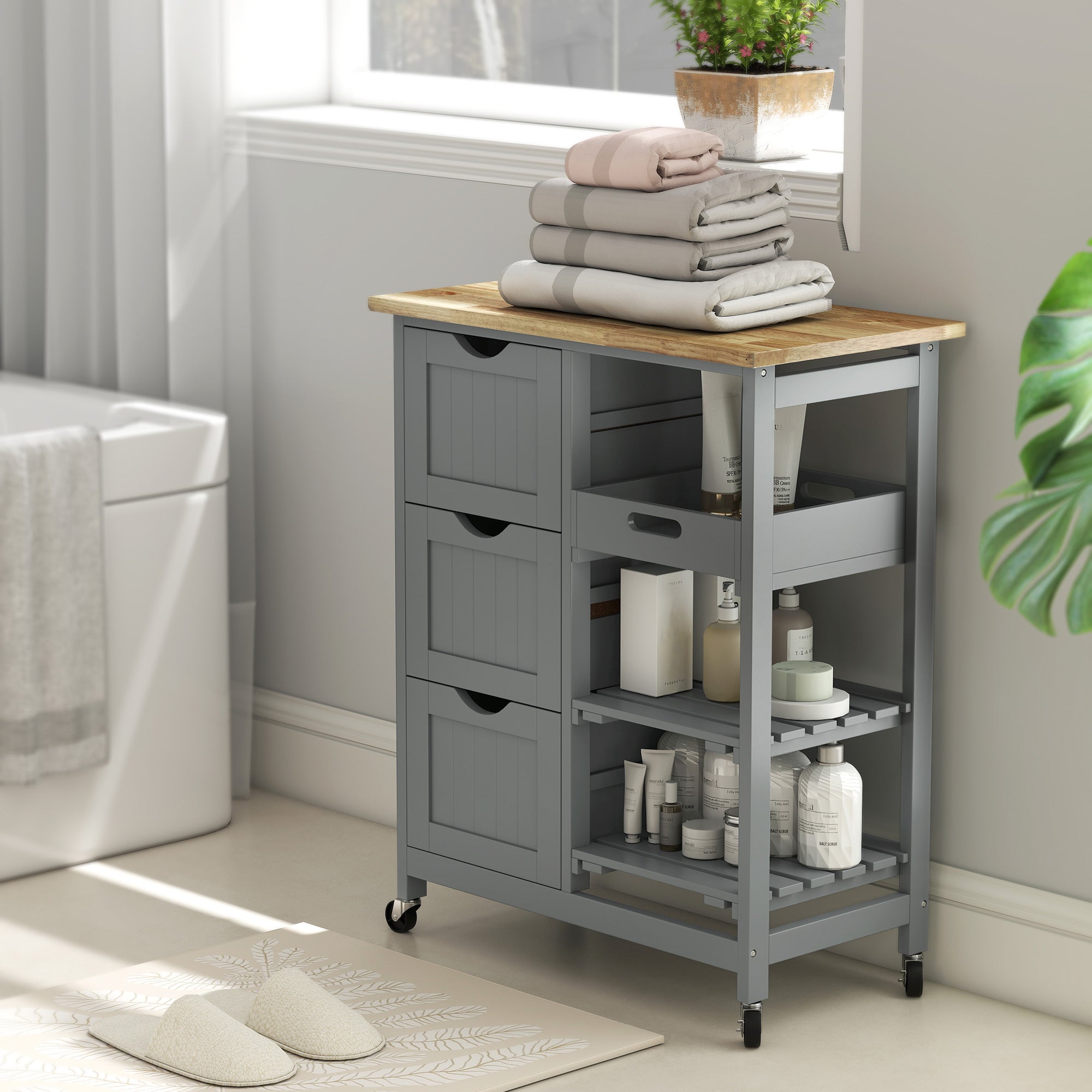 Rolling Kitchen Island Cart, Bar Serving Cart, Compact Trolley on Wheels with Wood Top, Shelves & Drawers for Home Dining Area, Grey