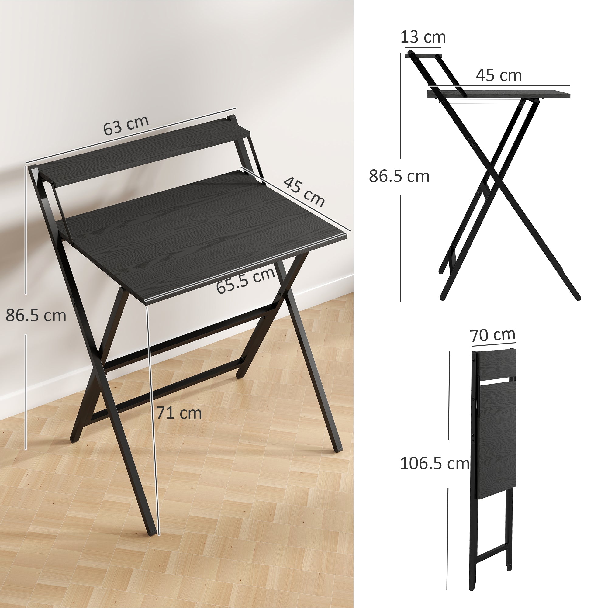 Folding Desk with Monitor Shelf, 70 cm Foldable Computer Desk for Small Spaces, Space Saving Writing Table Workstation for Home Office, Study, Easy Assembly, Black
