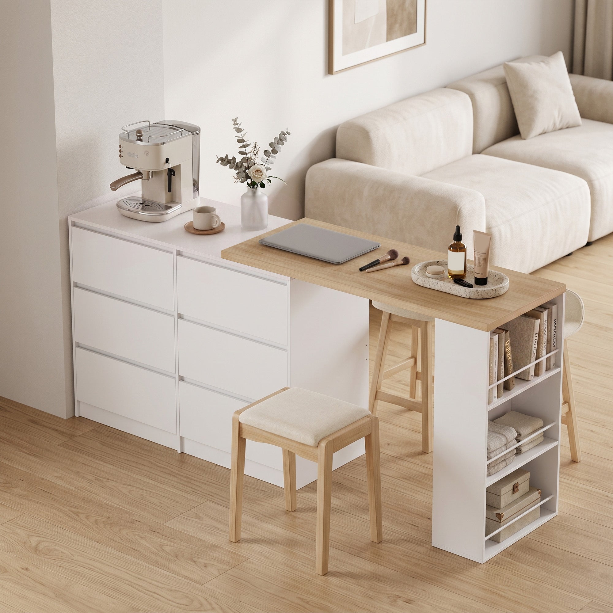 Dressing Table with 6 Drawers, 3-Tier Shelf, Straight or L-Shaped Layout, Makeup Desk for Bedroom, White