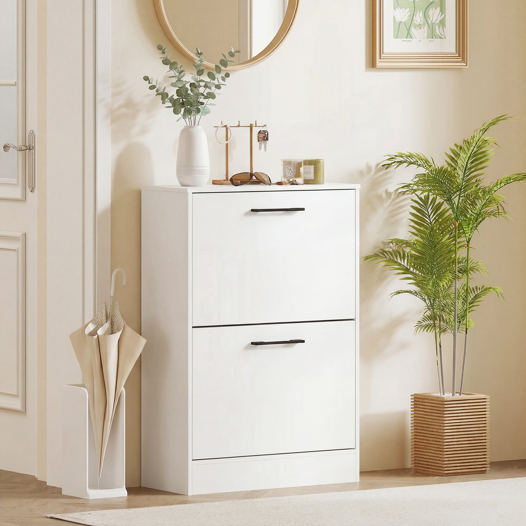 Shoe Cabinet with 2 Flip Drawers, Modern Narrow Shoe Storage Cabinet with Adjustable Dividers, Entryway Storage Unit for up to 12 Pairs for Hallway, Living Room, White